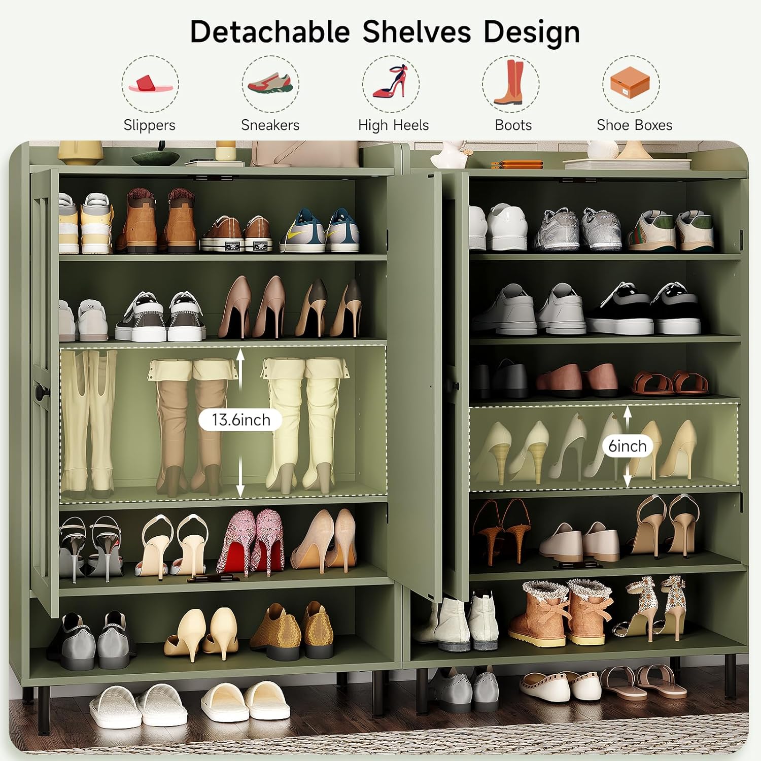 Image showing the detachable shelves design of the shoe cabinet, illustrating how different types of shoes like slippers, sneakers, high heels, boots, and shoeboxes can be stored by adjusting shelf heights.