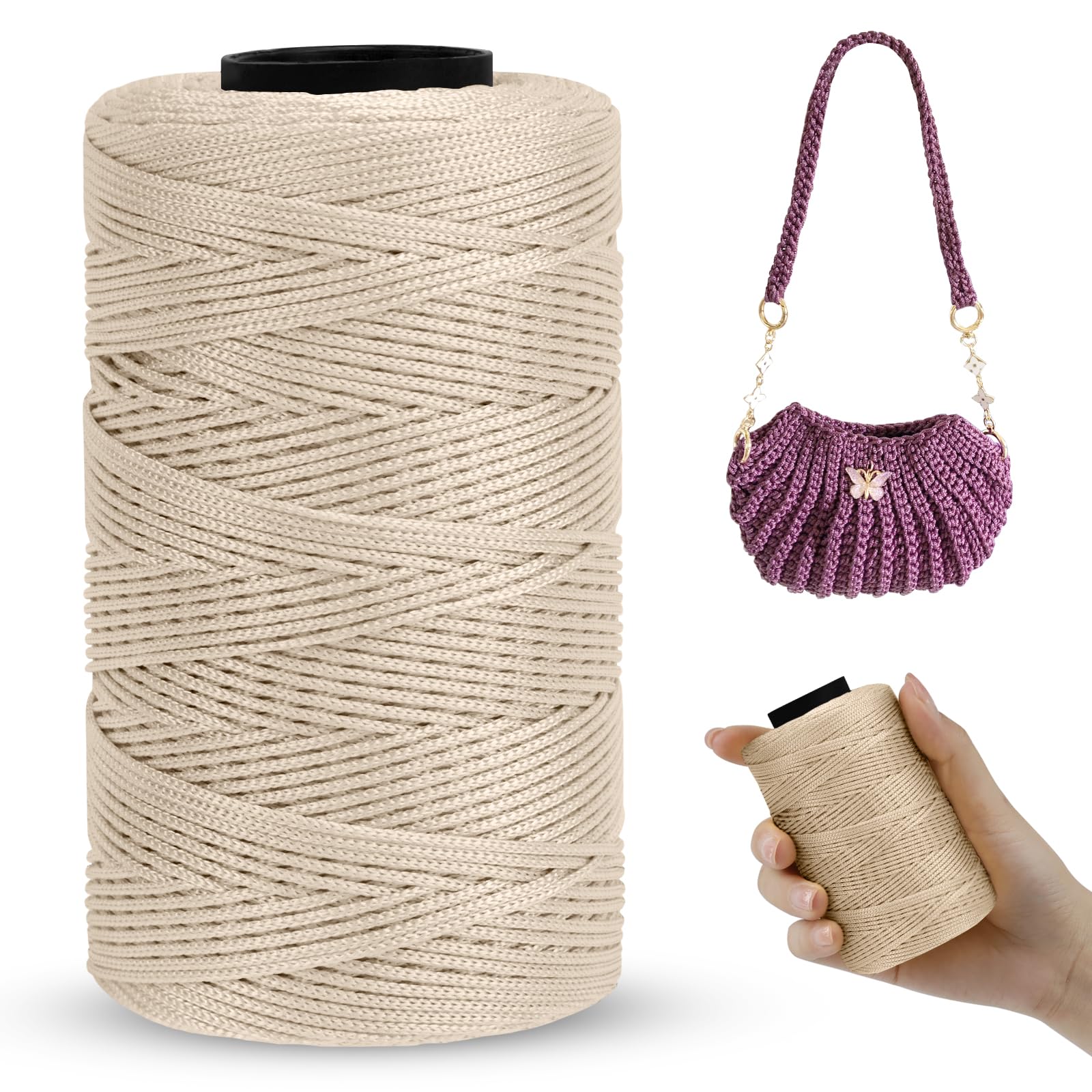 Polyester Macrame Cord 1mm x 230m, Polyester Yarn for Crocheting, Braided Polypropylene Crochet Bag Cord Macrame Yarn for Handbag, Beading, DIY Crafts (Khaki White)