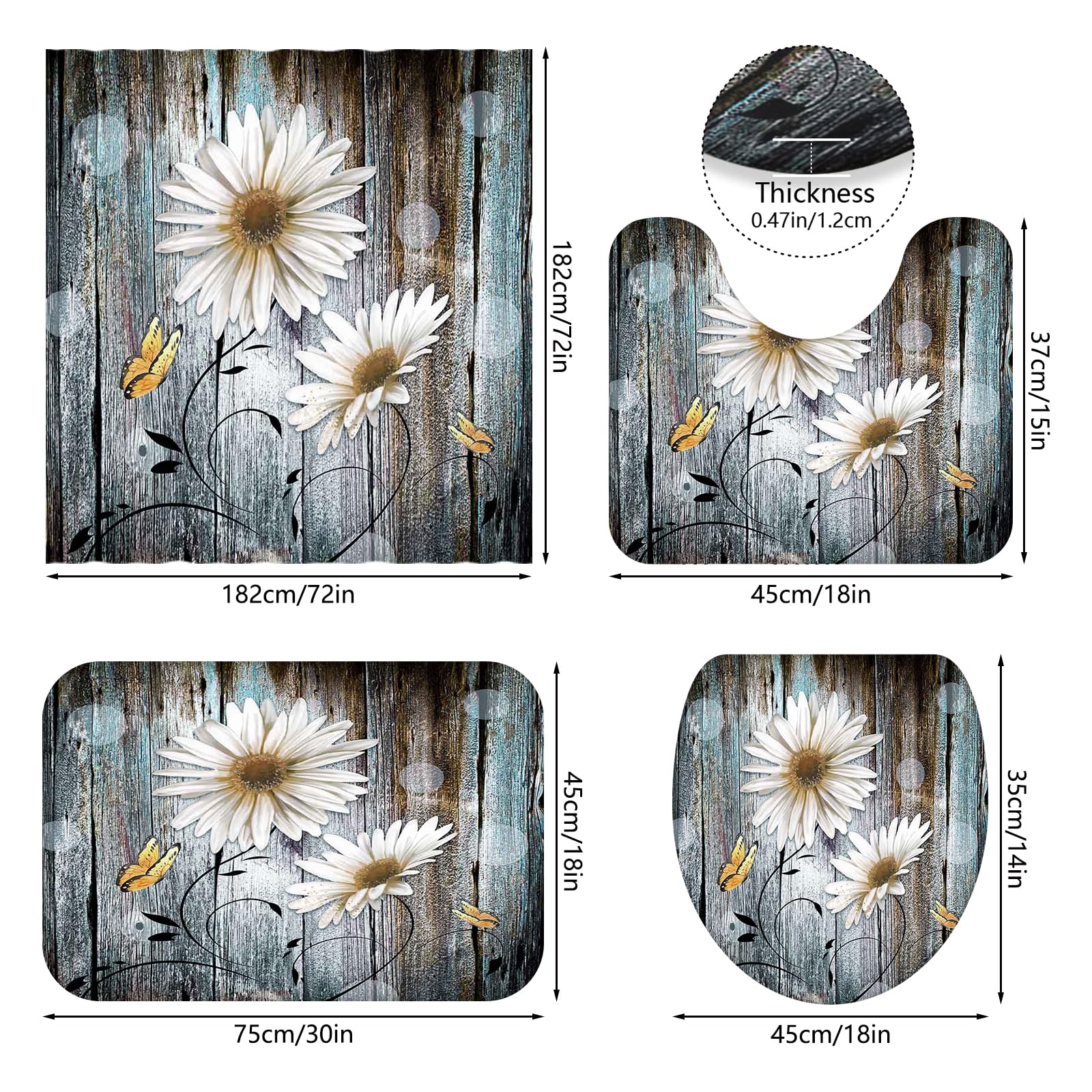 APROPHIC Juego de 4 cortinas de ducha con diseño de margaritas blancas y retro, juego de baño con cortina de ducha y alfombra, alfombrilla para tapa de inodoro y almohadilla en forma de U, lavable con