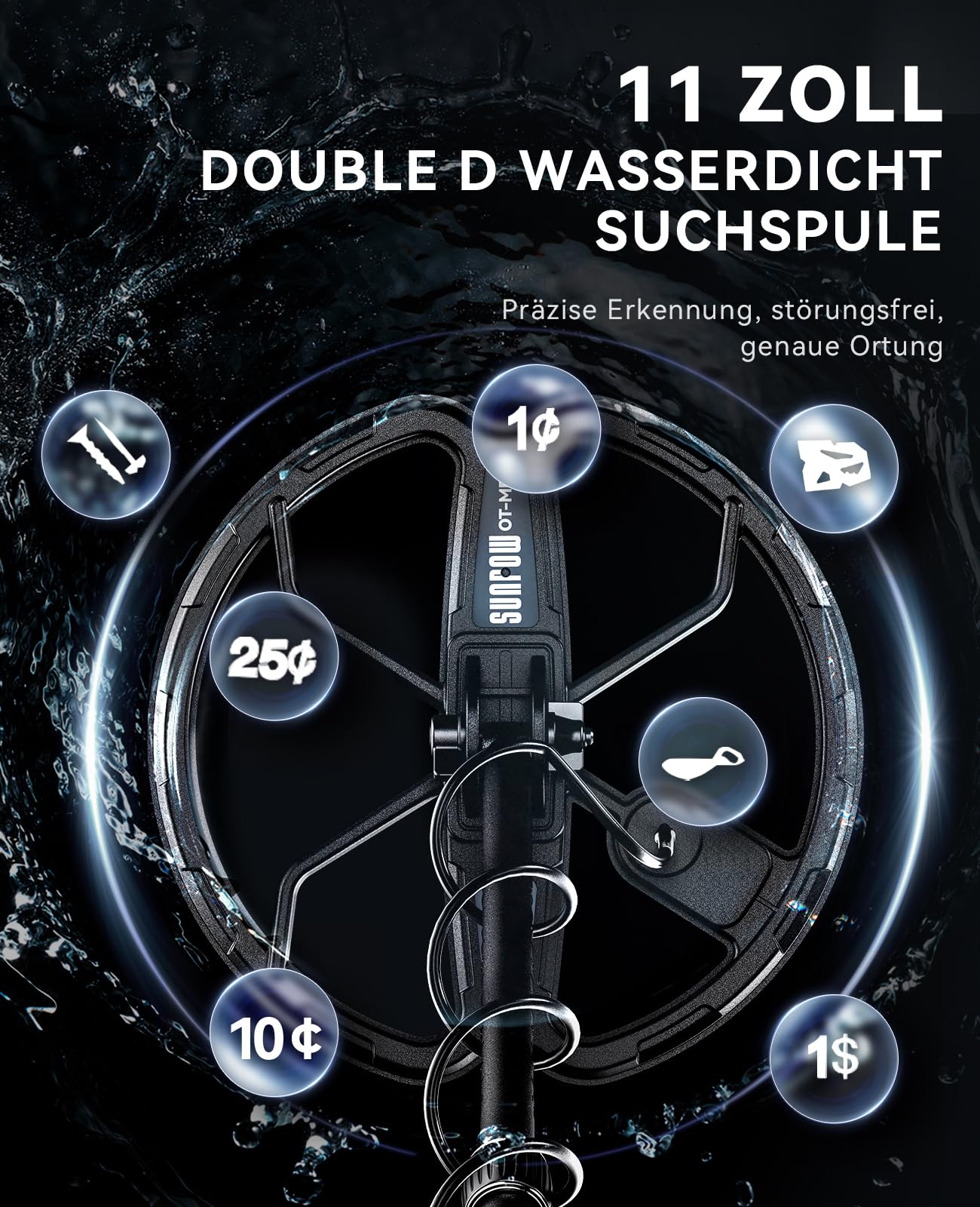 SUNPOW Wiederaufladbarer Metalldetektor für Erwachsene – 11" Dual-D-Spule, 35h Lithium-Akku, 10 Empfindlichkeitsstufen, 4 Suchmodi, 7-Metall-ID, IP68 Wasserdicht, mit Schaufel, Rucksack & Kopfhörer