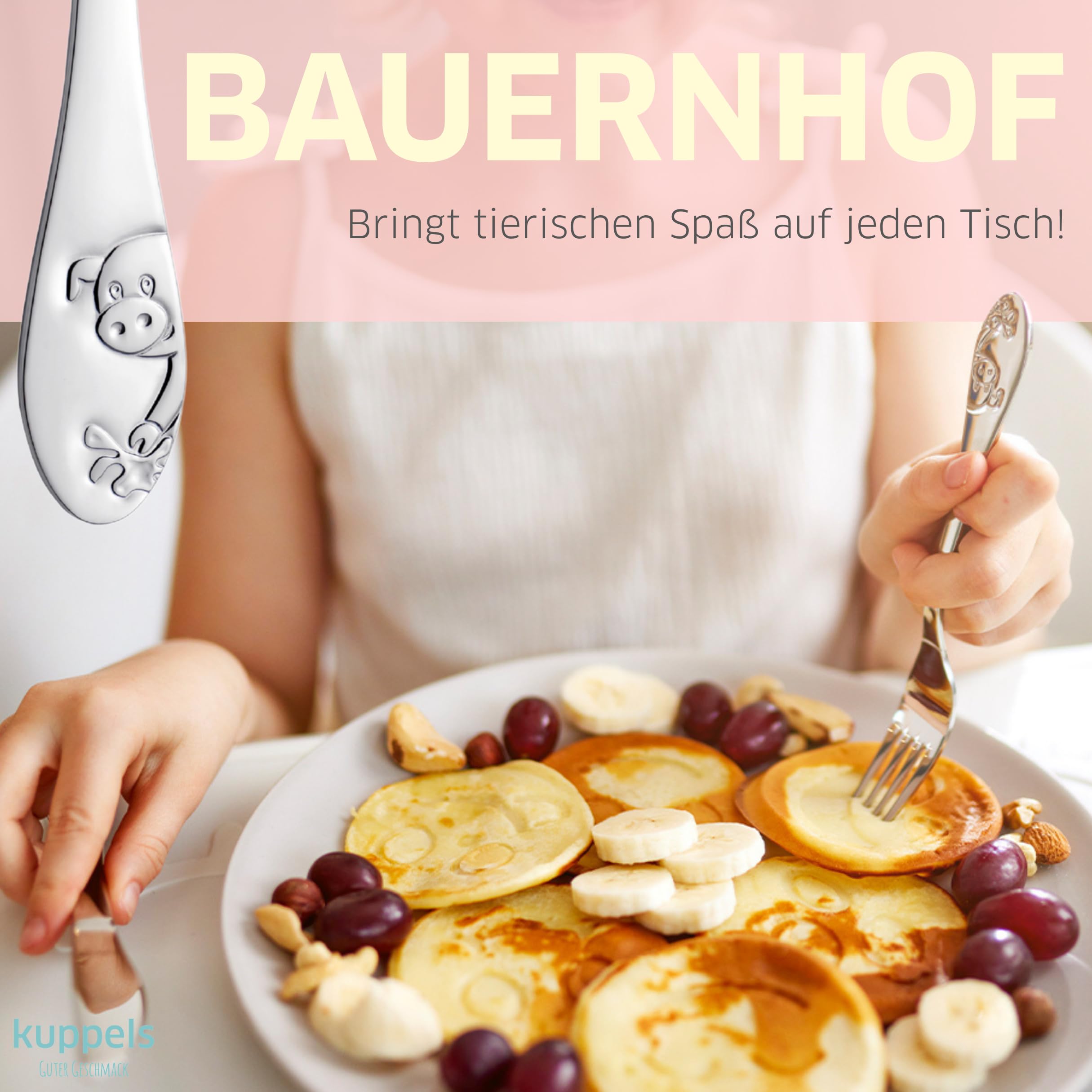 Kuppels Kinderbesteck 4-tlg, Bauernhoftier-Prägung, Edelstahl, ab 4 Jahre | Ergonomische Griffe, spülmaschinenfest, lebensmittelecht und rostfrei, inklusive hochwertiger Geschenkverpackung