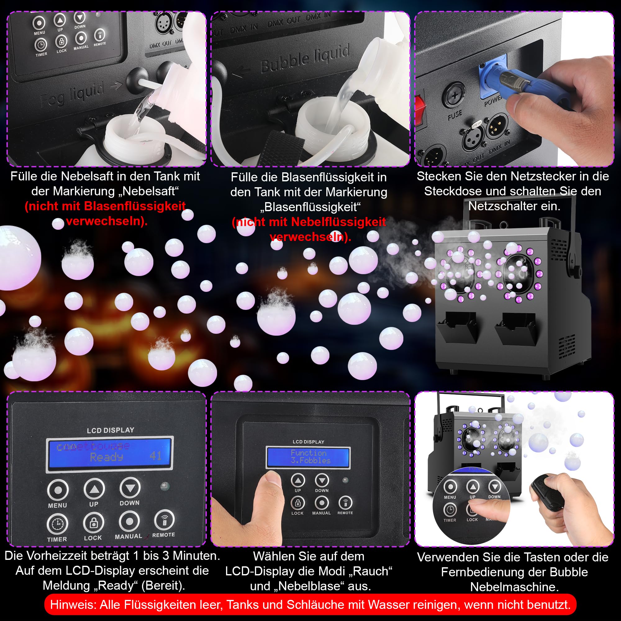 Telbum Nebelmaschine mit Fernbedienung,1500W 24LED RGBW 3IN1 Nebelblasenmaschine DMX,Rauchmaschine mit Blasen,Fog Bubble Machine,Seifenblasenmaschine,Rauchblasenmaschine für Party DJ Bühne Hochzeit