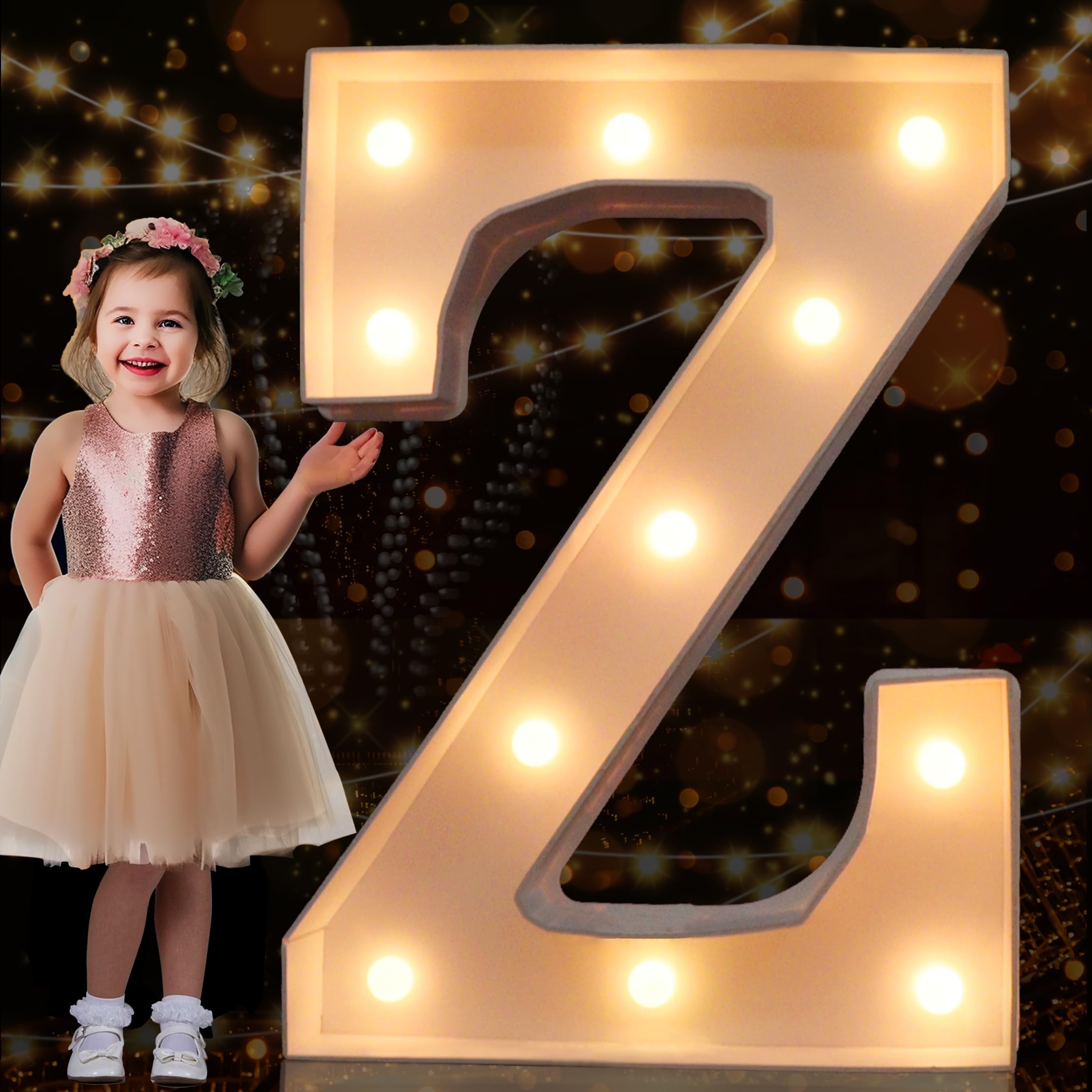 Photo 1 of Pooqla 3FT Marquee Light Up Letters, Warm White LED Large Lighted Marquee Letters, Big Mosaic Letters for Balloons for Birthday Anniversary Wedding Party Decoration, Pre-Cut Frame Giant Letter Z