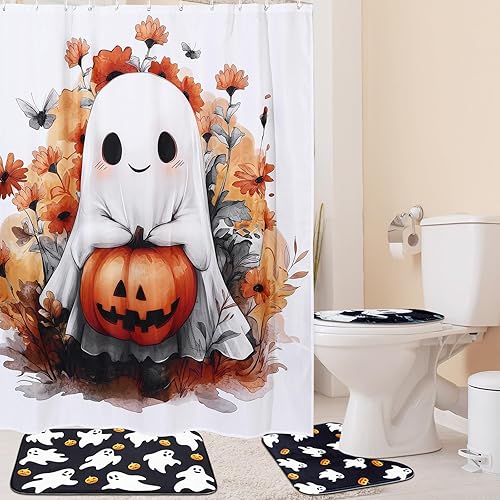 Miniatura 6 de Juego de 4 cortinas de ducha de Halloween para baño, fantasma, calabaza, cortina de baño de Halloween, incluye cortinas de ducha fantasma, alfombra