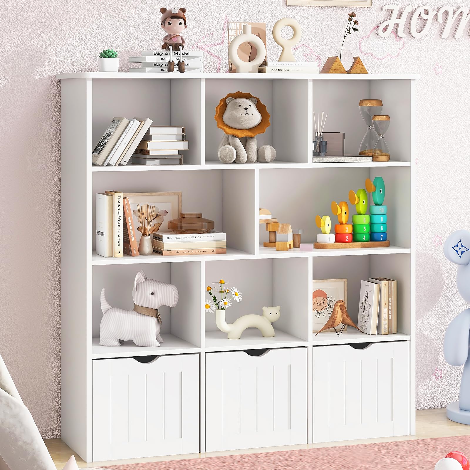 Toy Storage Organizer with Bookshelf, Large Toy Organizers and Storage 3 Movable Drawers with Hidden Wheels and 8 Storage Cubbies, Kids Bookshelf and Toy Storage Chest, Playroom Furniture, White