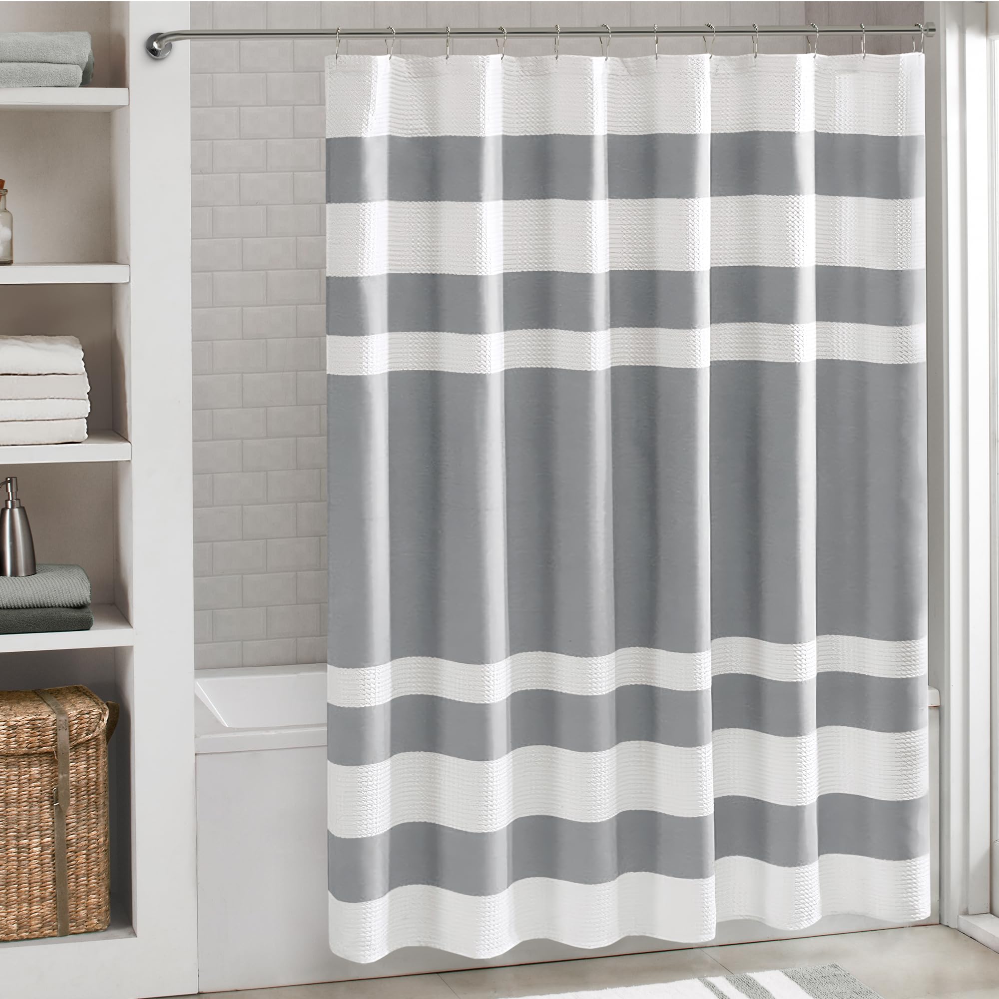 Madison Park Shower Curtain Waffle Weave Striped Pieced Design Fabric Shower Curtains for Bathroom with 3M Scotchgard Moisture Management Premium Spa Quality Modern Standard 72"x72" Grey