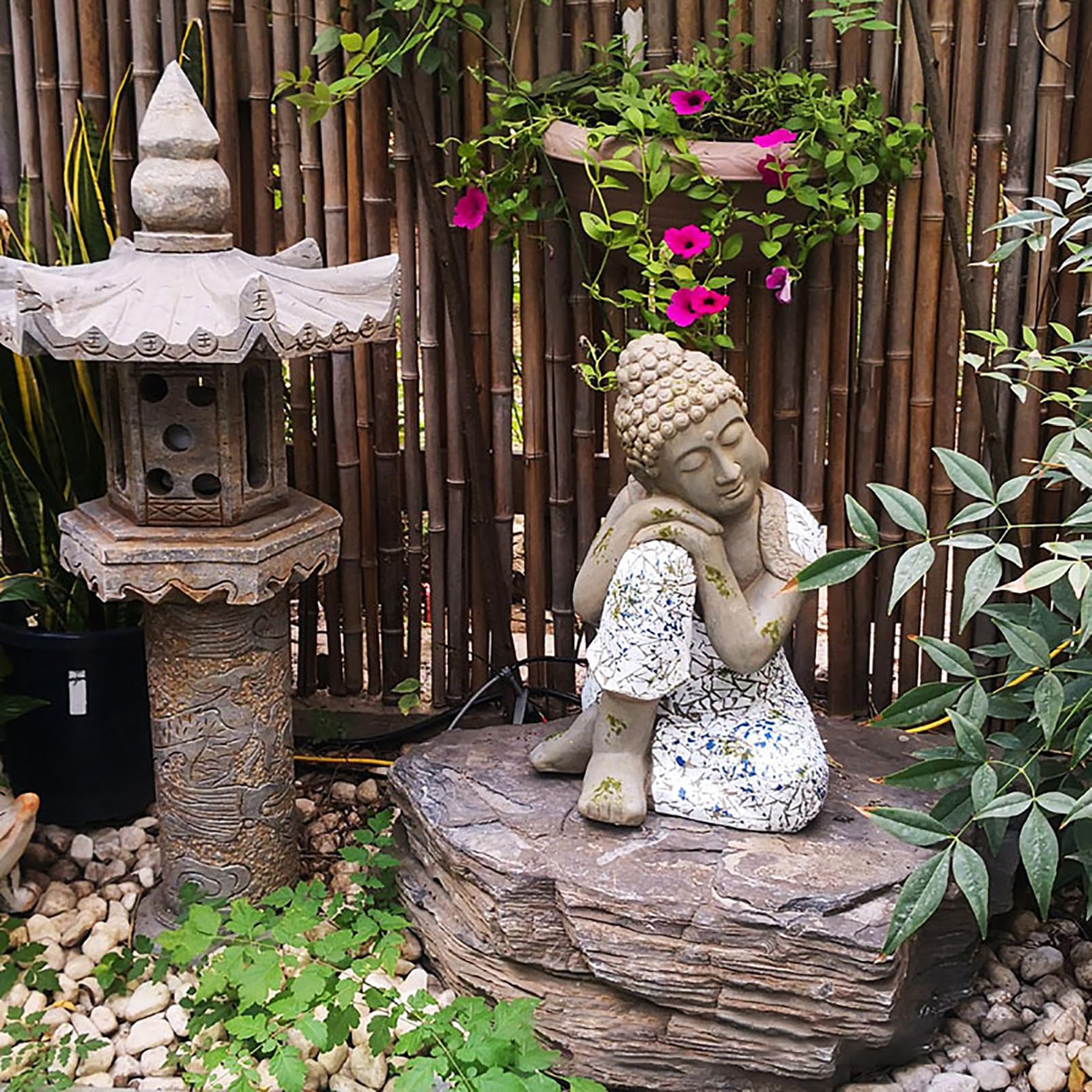 Buddha Figur groß 46 cm/4 kg Zen gartendeko für draußen wetterfest für Gartenliebhaber Geschenke,Magnesiumoxid,Grau