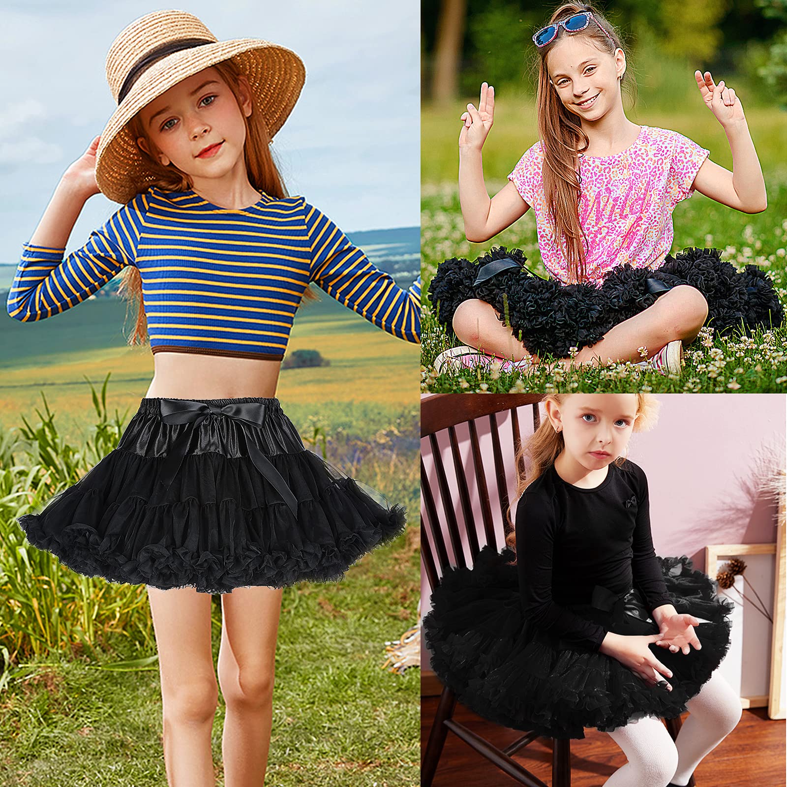 Falda de tutú para niña, falda de ballet mullida, Negro, Large