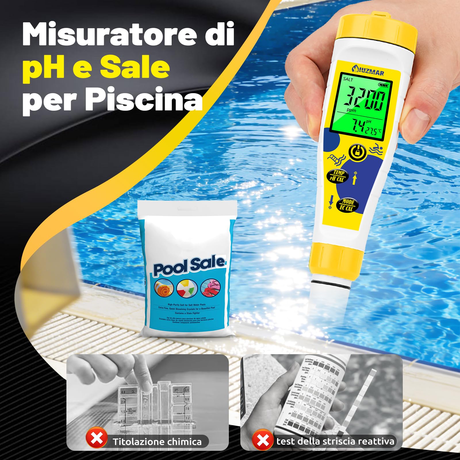 UIUZMAR Misuratore pH e Cloro Sale Piscina, Salinità Piscina Acqua Salata | Visualizzazione Simultanea di pH/Cl/Temp, 7 in 1 pH, EC, TDS, Salinità, Cloro Residuo, ORP e Temp per Acquari Idroponici Spa