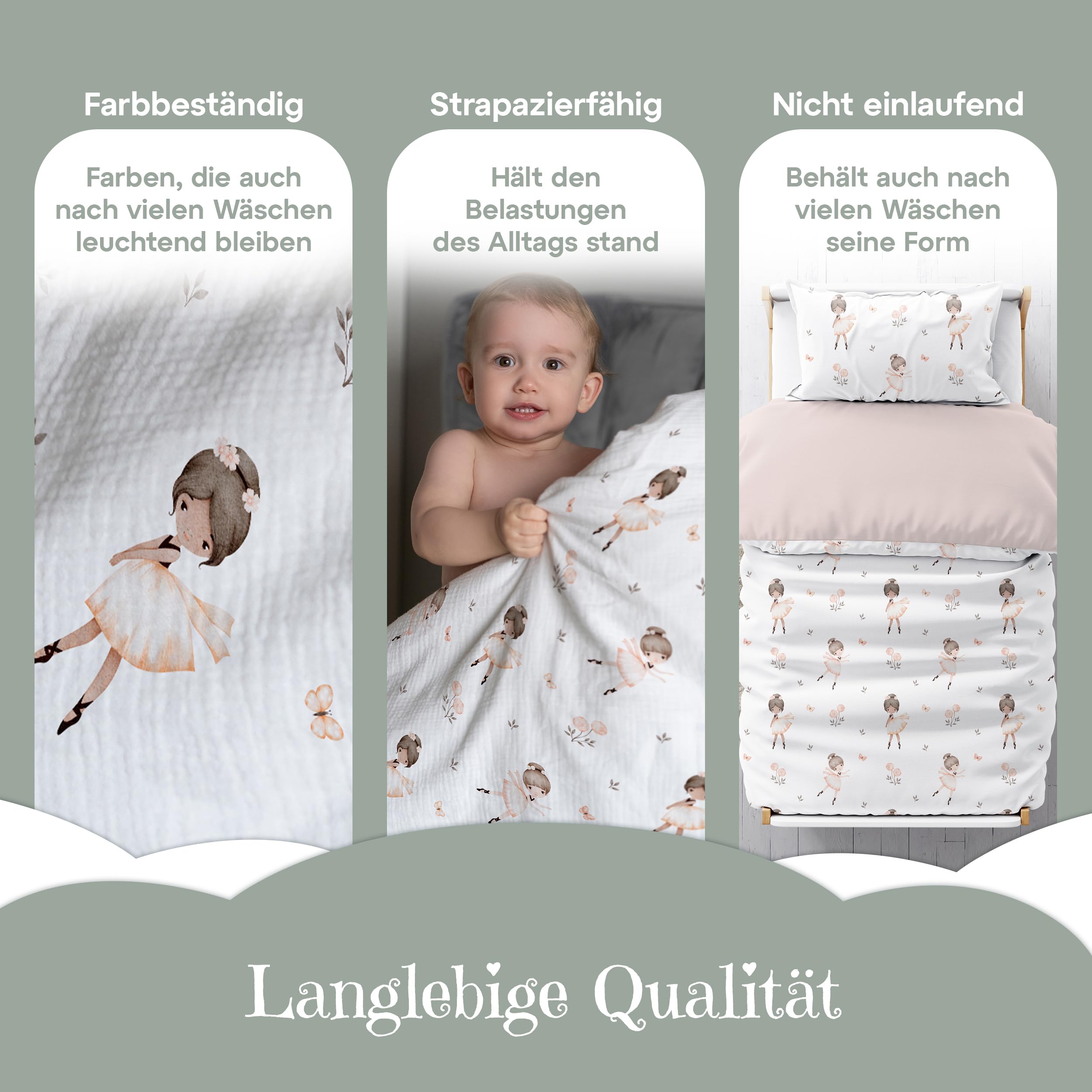 Premium Bettwäsche 135x200 für Kinder (Ballerinas) - Flauschige Musselin aus Baumwolle - Oeko-TEX zertifizierte Premium Kinderstoffe