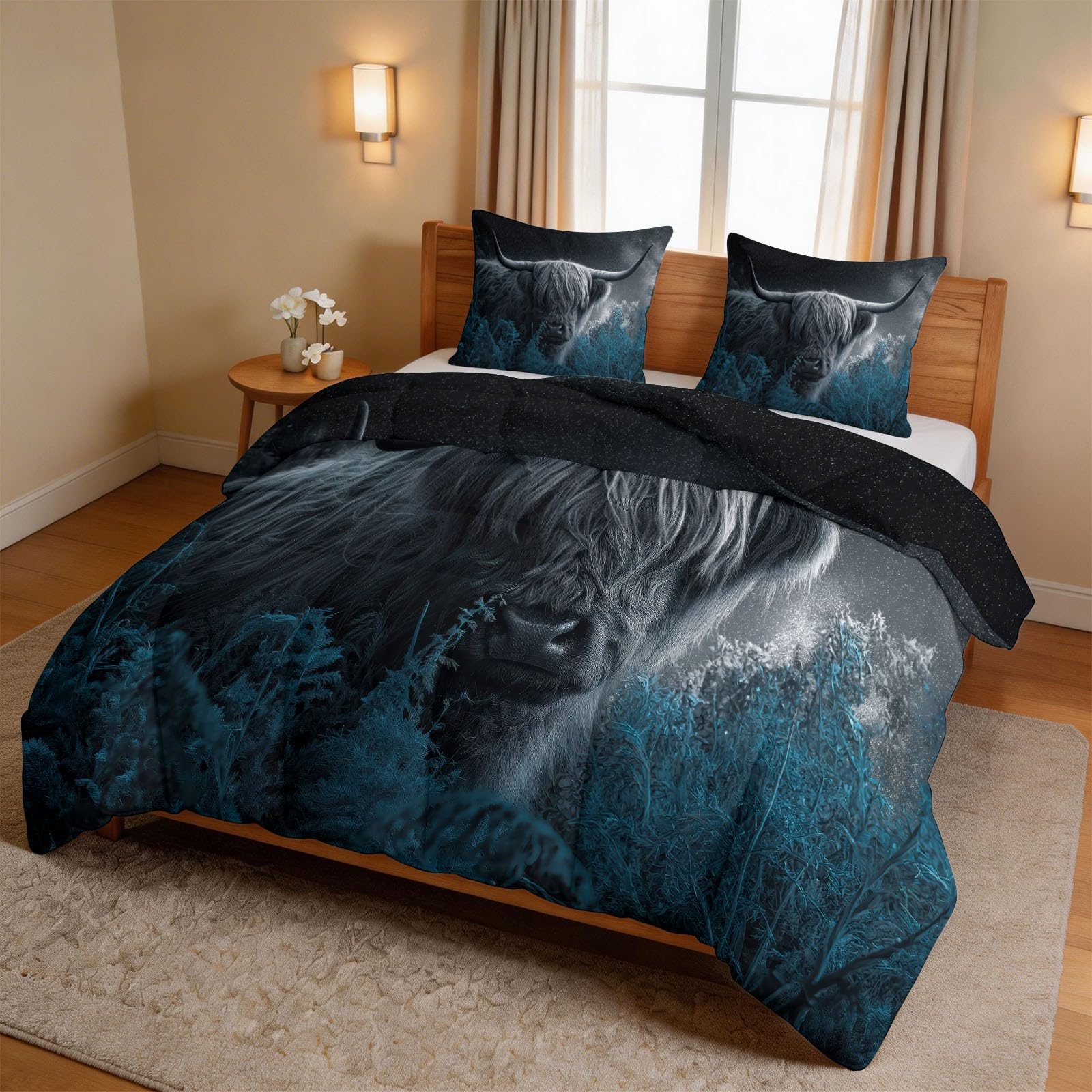 Kołdra fotograficzna ze zwierzętami, 4 pory roku, 200 x 200 cm, ciepła kołdra, lekka kołdra dla nastolatków i dorosłych, krowa Highland, rośliny gałęzie, trawa, kołdra bez poszewek i 2 poszewki na