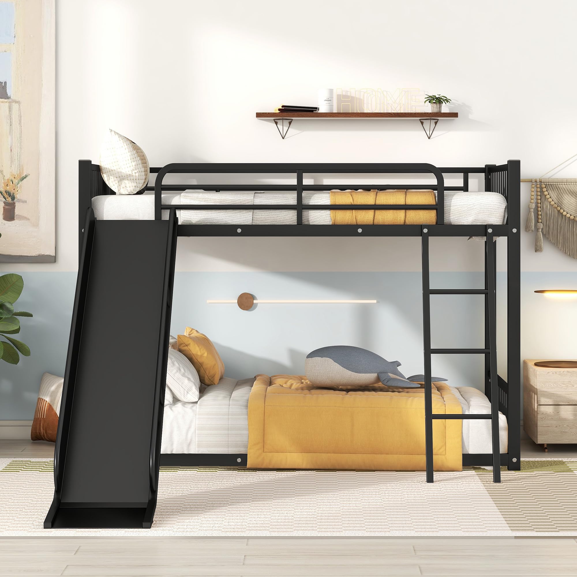 Wekuku Metal Bunk Bed with Slide, Twin Over Twin, Black Fun Space Saving Kids Bedroom, Sturdy Frame, Rails, Ladder Included