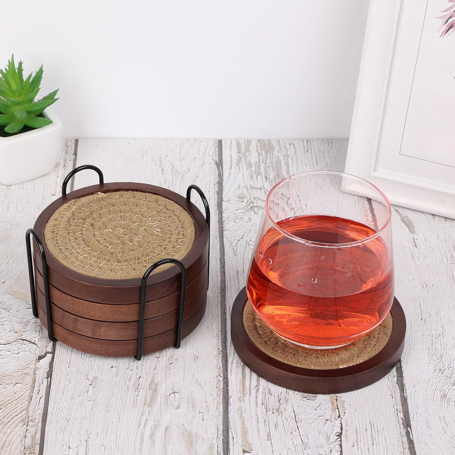 Mckanti 5 Pack Wooden Coasters with Holder for Coffee Table Decor, Absorbent for Kinds of Cups, 4.3 Inches - Image 6