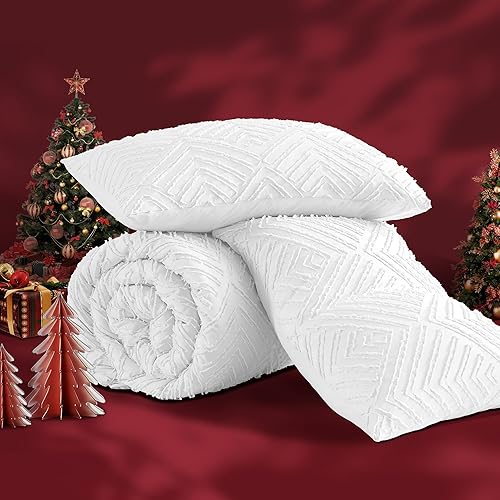 Miniatura 3 de Andency - Juego de edredón de 3 piezas estilo capitoné, rústico, bohemio, ligero y mullido, para cualquier estación, tamaño matrimonial, blanco, 79