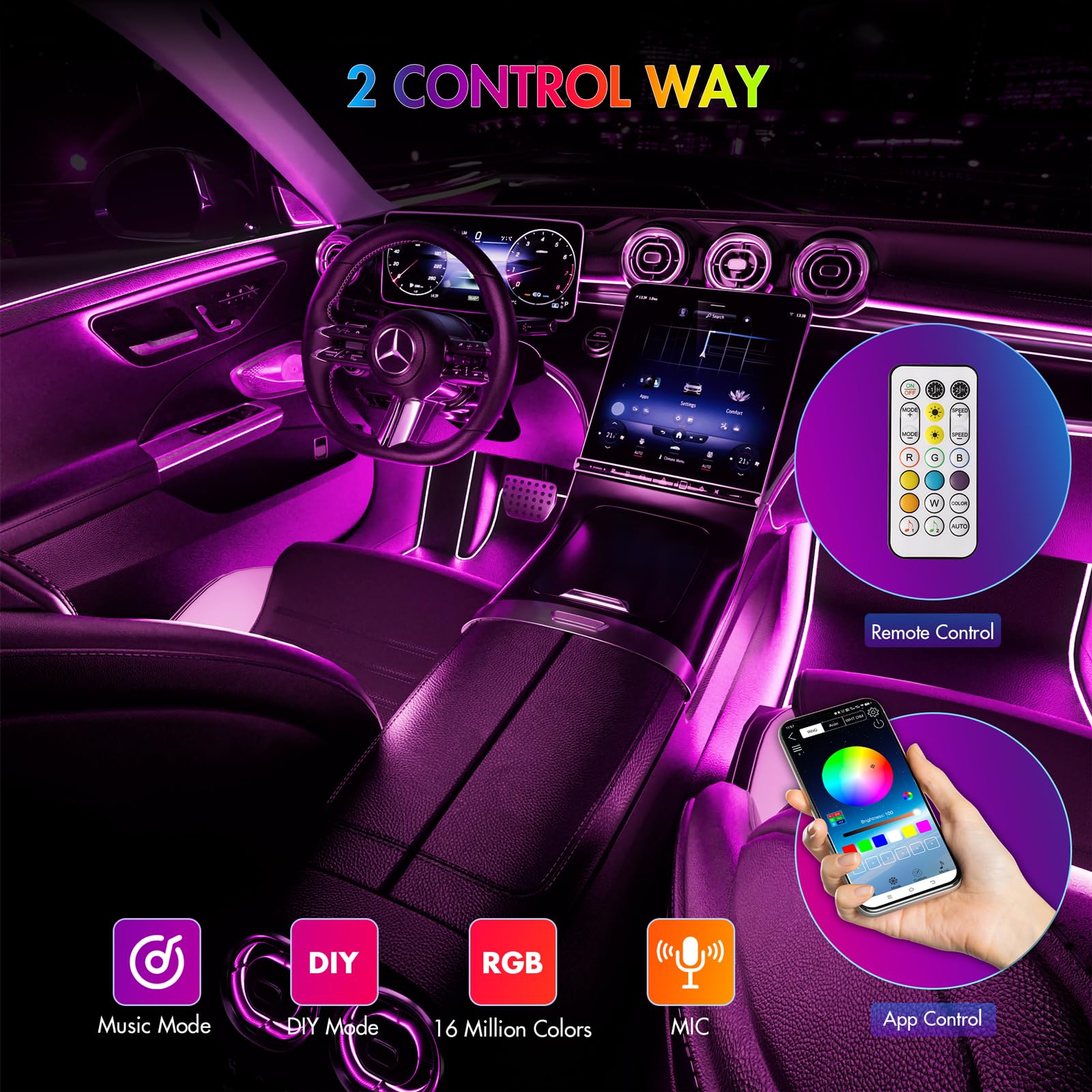 Defvnsy Kit di illuminazione interna a LED per auto, 18 in 1, RGB, 12 V, strisce in fibra ottica acrilica, illuminazione ambientale a LED colorata, controllo app, illuminazione interna universale al