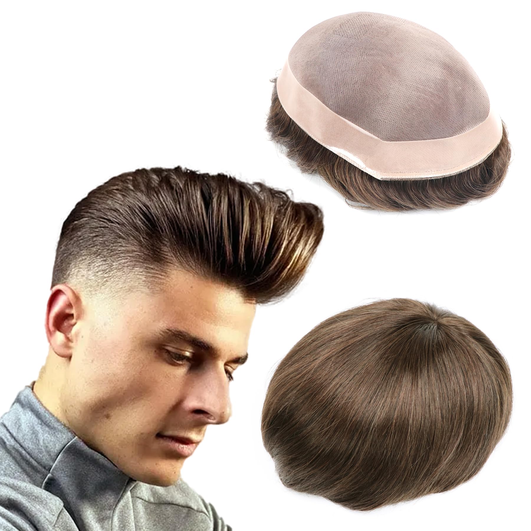 lumeng Toupee for Men Brown System Human Hair Pieces Male Hair Unit Replacement 6x8 Color 4# Durable Mono Lace NPU Reinforced Prosthesis Natural