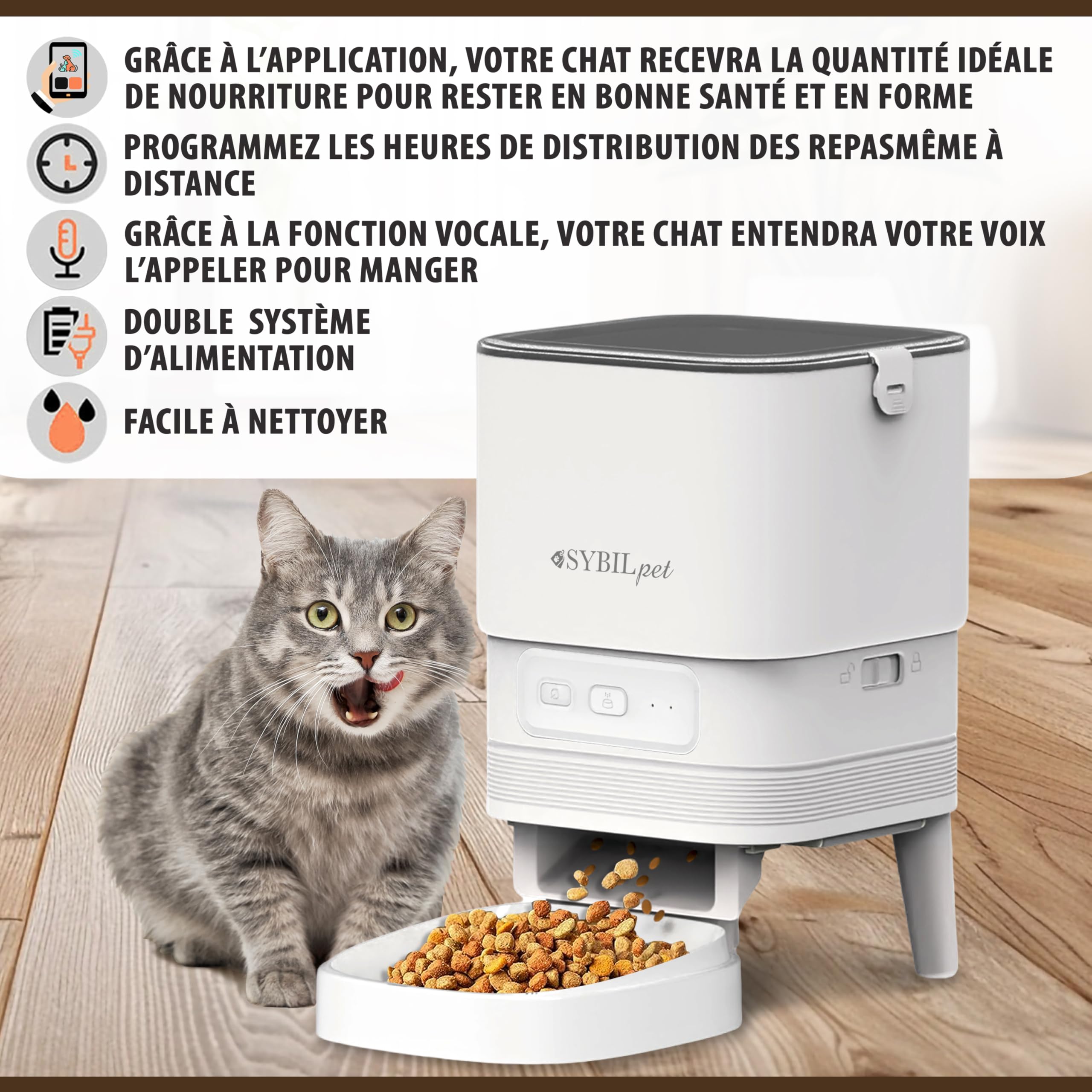 Distributeur Automatique de Croquettes pour Chat et Petit Chien 4L avec Application Tuya, Gamelle Connectée avec Message Vocal, Système Anti-Bourrage, Double Alimentation USB et Piles