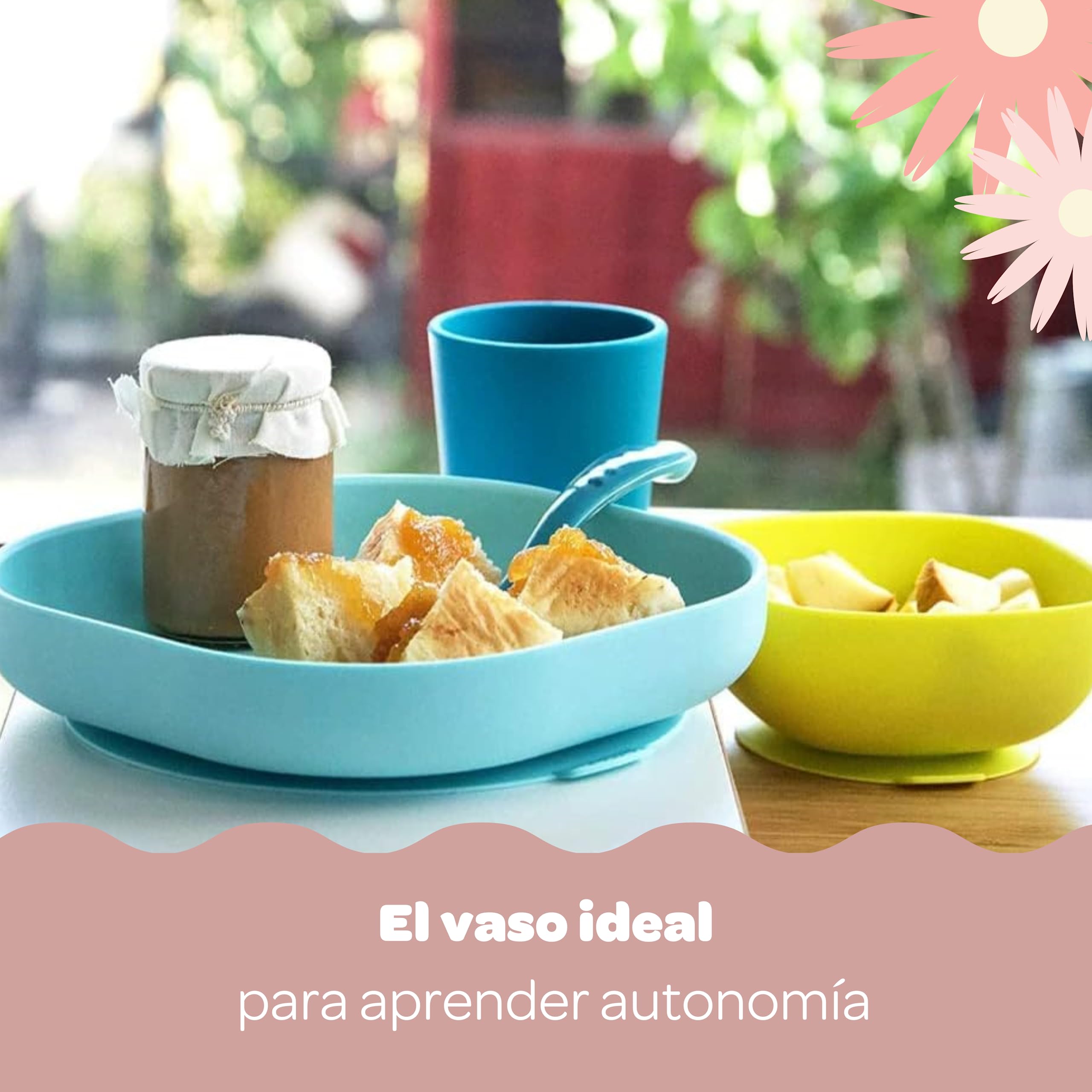 BÉABA Vaso/Taza de aprendisaje para Niños/Bebés, 100% Silicona, Material suave y muy resistente, Apto para microondas, azul