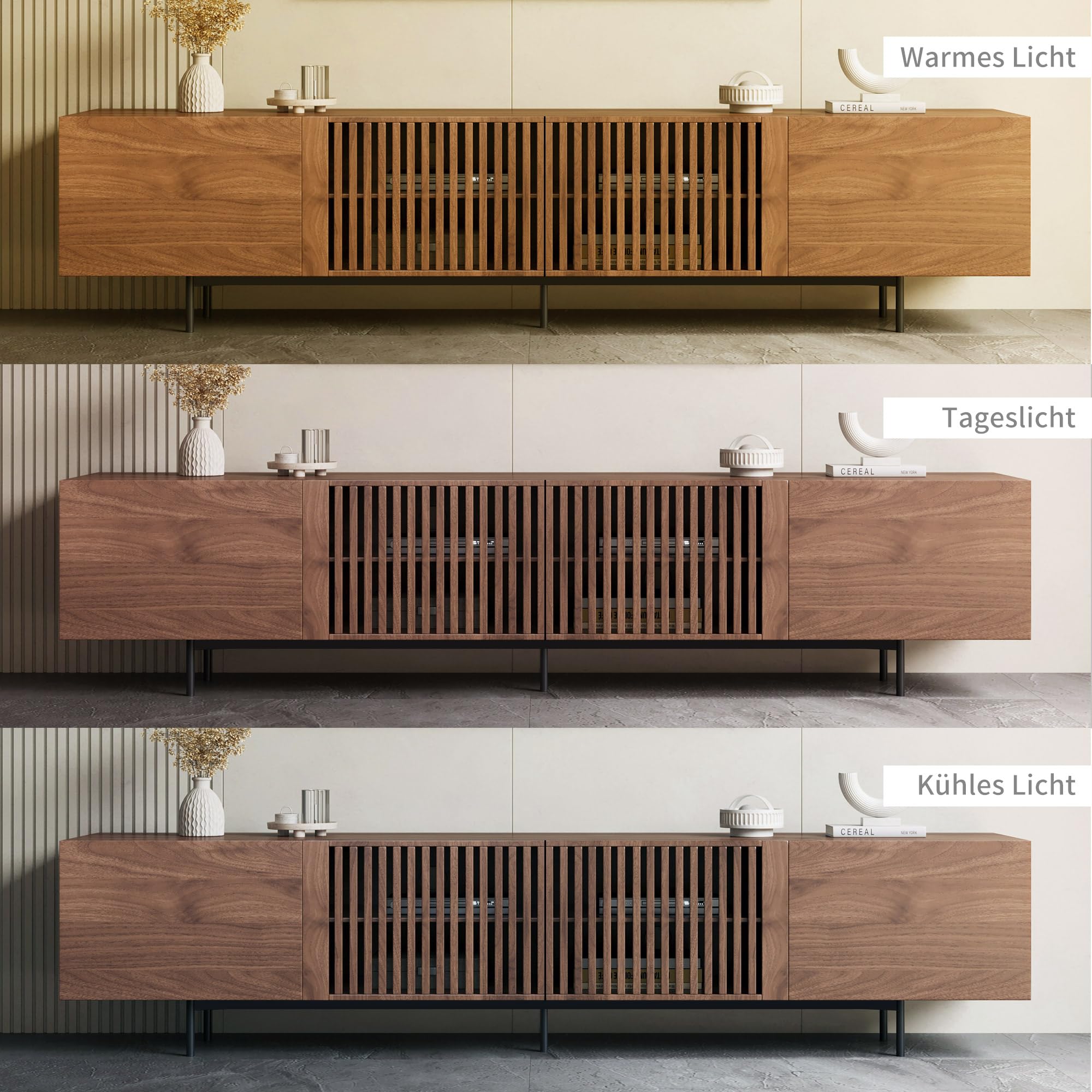 TV-Schrank 240 cm, TV Lowboard für 85 Zoll TVs, Walnuss | 240 cm Breite, Für Fernseher bis 85 Zoll, 6 Staufächer, Walnussoptik, Lamellentüren aus Eschenholz, Pflegeleichte Oberfläche