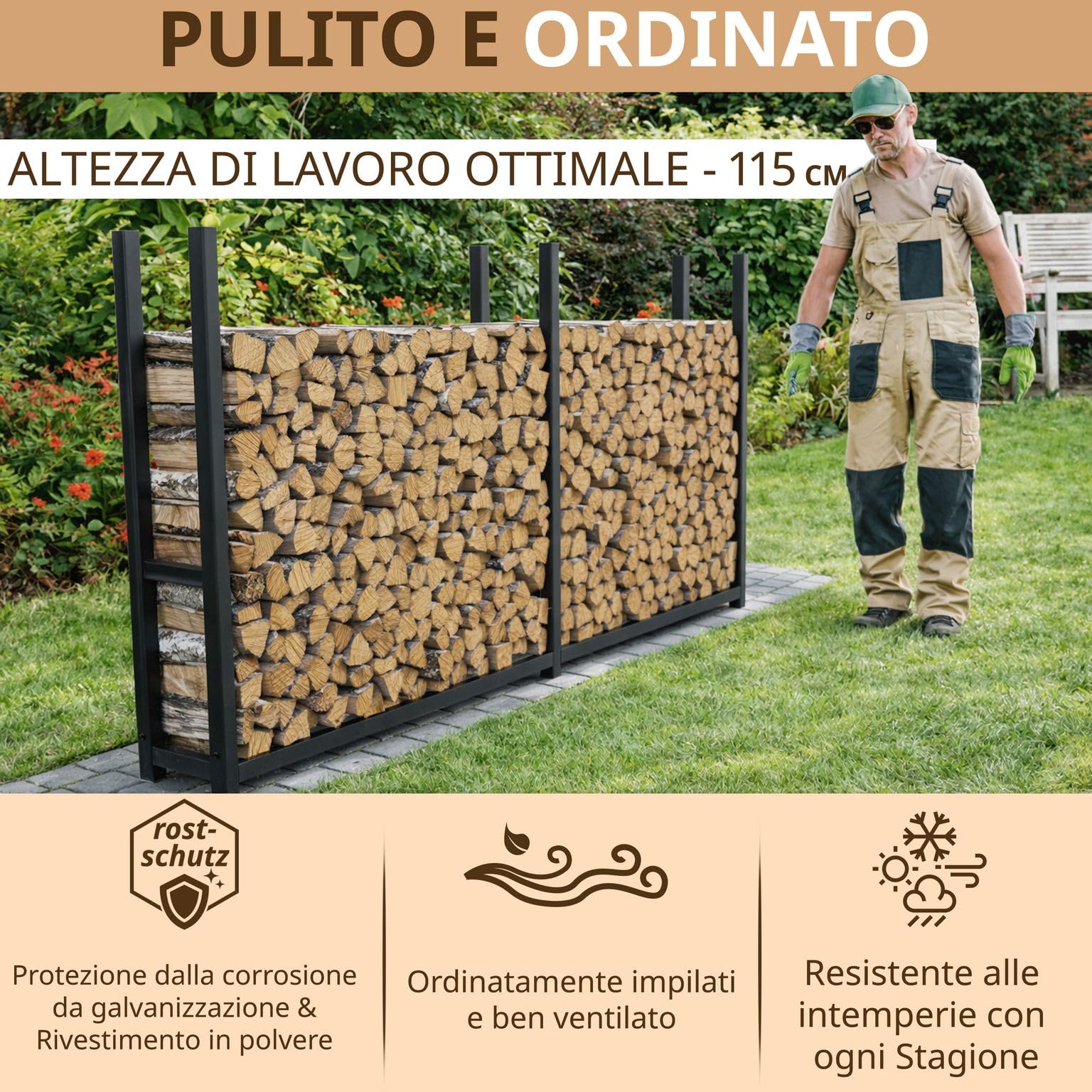 LAWA Rastrelliera per Legna da Ardere in Metallo Zincata 223x25x115cm Nera | Verniciata a Polvere, Per Esterni, Senza Telone, Per Giardino, Legnaia da Esterno, Scaffale per legna