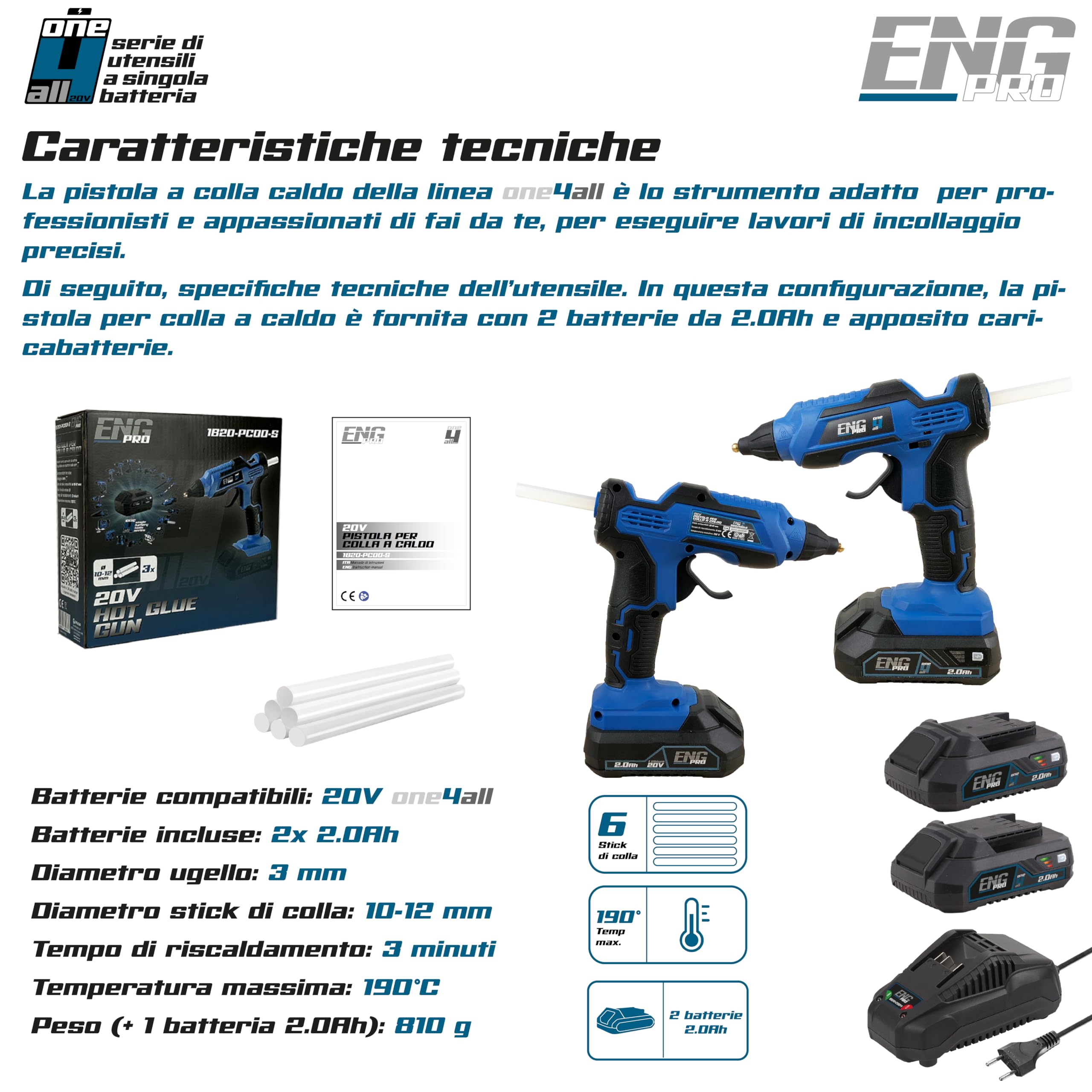 Pistola Colla a Caldo | Linea Professionale Monobatteria ONE4ALL | Riscaldamento in 3 Minuti, Indicatore LED | 2 batterie 2.0 Ah