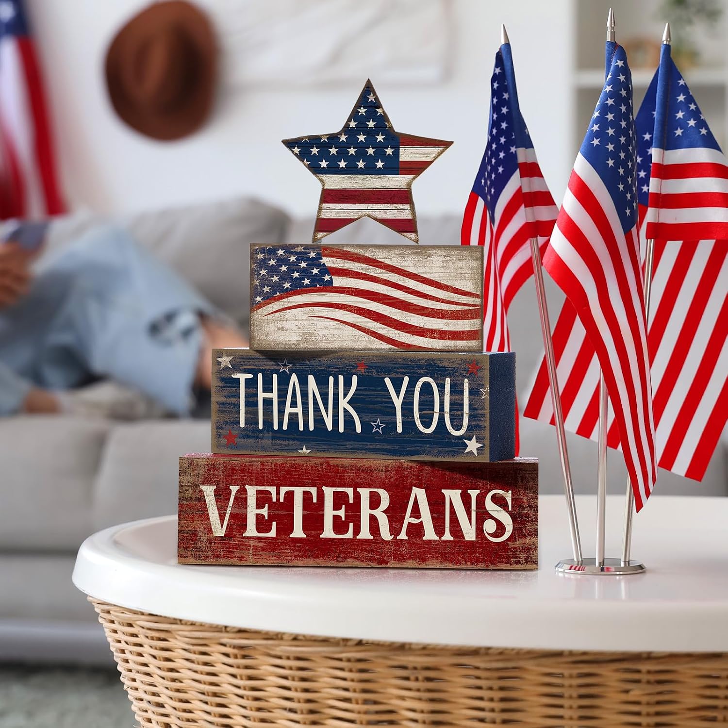 Croblissful 4 Pcs Veterans Day Decorations Patriotic Tabletop Decorations Red White Blue Star Table Centerpieces Flag Thank You Veterans Block Sign for Military Christmas Office Tiered Tray Home Shelf image 5