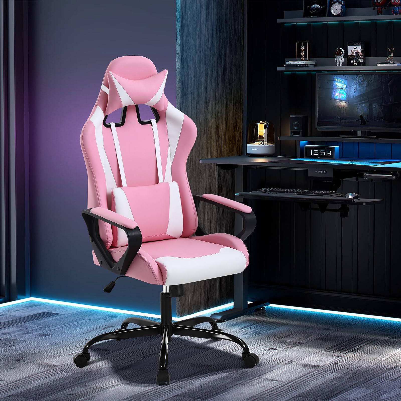 Pink Gaming Chair, Ergonomic High Back Video Game Chairs Racing Style with Lumbar Support, Headrest & Arms Gaming Chair for Adult Kids Heavy Duty