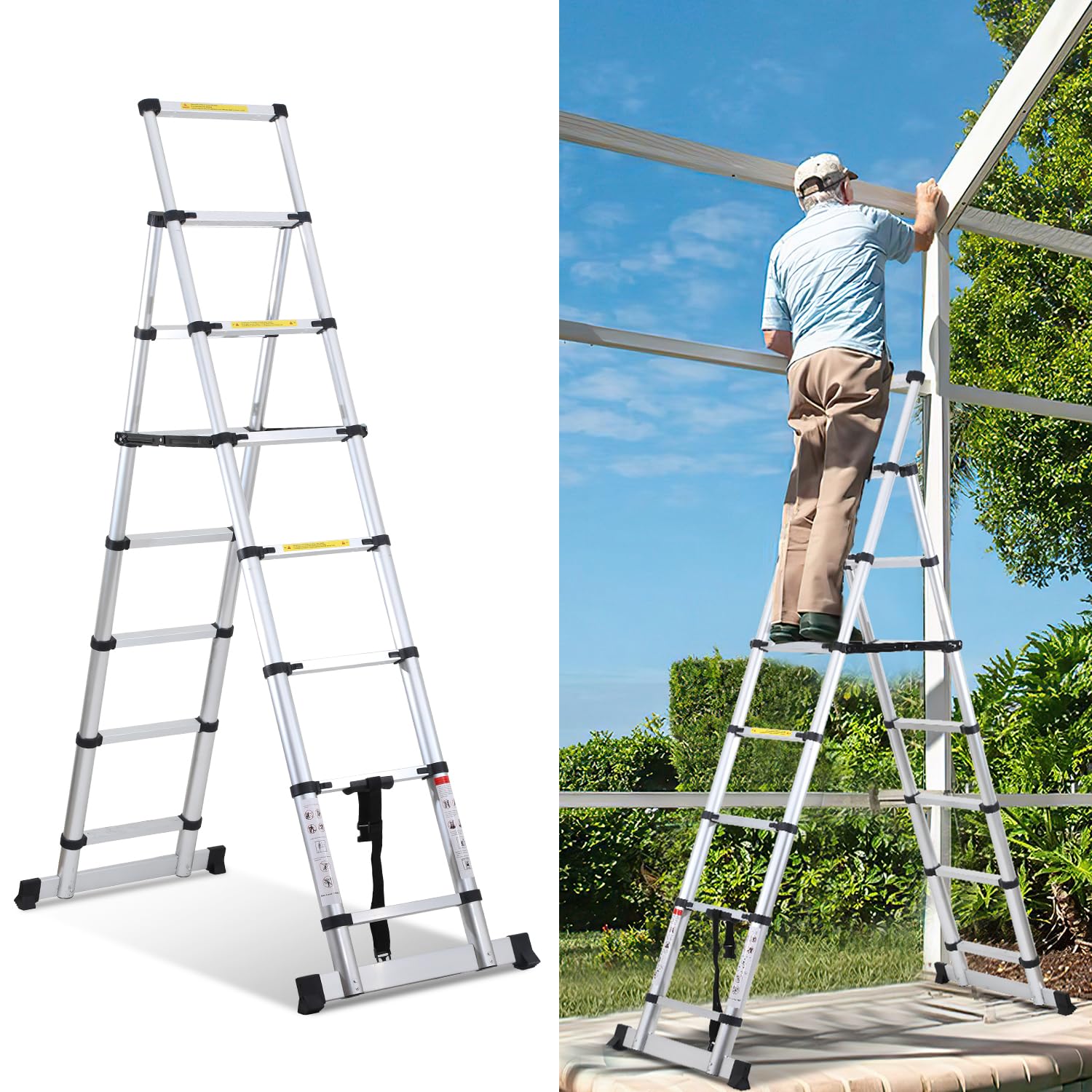 Drabina teleskopowa, składana drabina, 2 m + 2,3 m, aluminiowa drabina wysuwana, rama A, 6 + 7 szczebli, antypoślizgowa drabina aluminiowa, drabina wielofunkcyjna, maksymalna nośność 150 kg