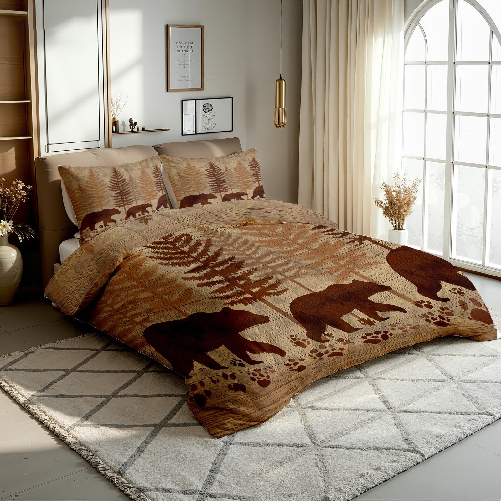 Rustikal Holz Optik Bettdecke Ohne Bezug - Waldtiere Bär Bettdecke 220x240 mit 2 Kissenbezug 80x80 cm - Waschbare Bettdecken Weich für 4 Jahreszeiten Duvet mit Reißverschluss