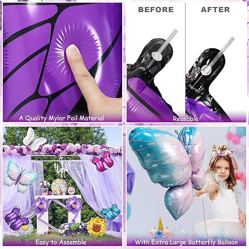 Miniatura 3 de Decoraciones de cumpleaños de mariposa, 10 globos de aluminio con girasoles florales y margaritas para decoración de habitación de dormitorio en