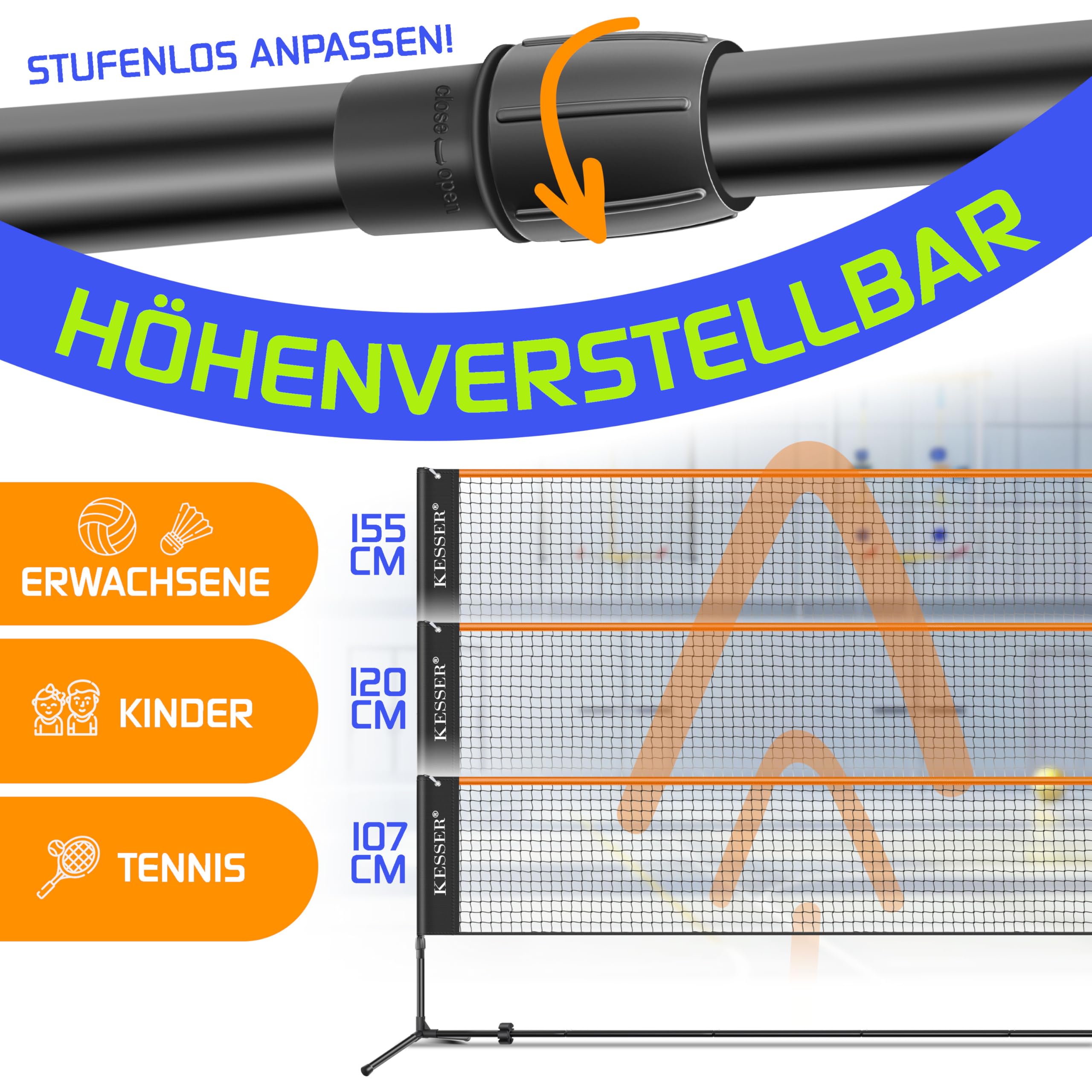 KESSER® Badmintonnetz Tennisnetz | Federballnetz 3-Fach-Höhenverstellbar 107/120/155cm, Set bestehend aus Netz, 3X Federball & 3X Tennisball, Transporttasche, stabilem Eisen-Gestell, Indoor & Outdoor
