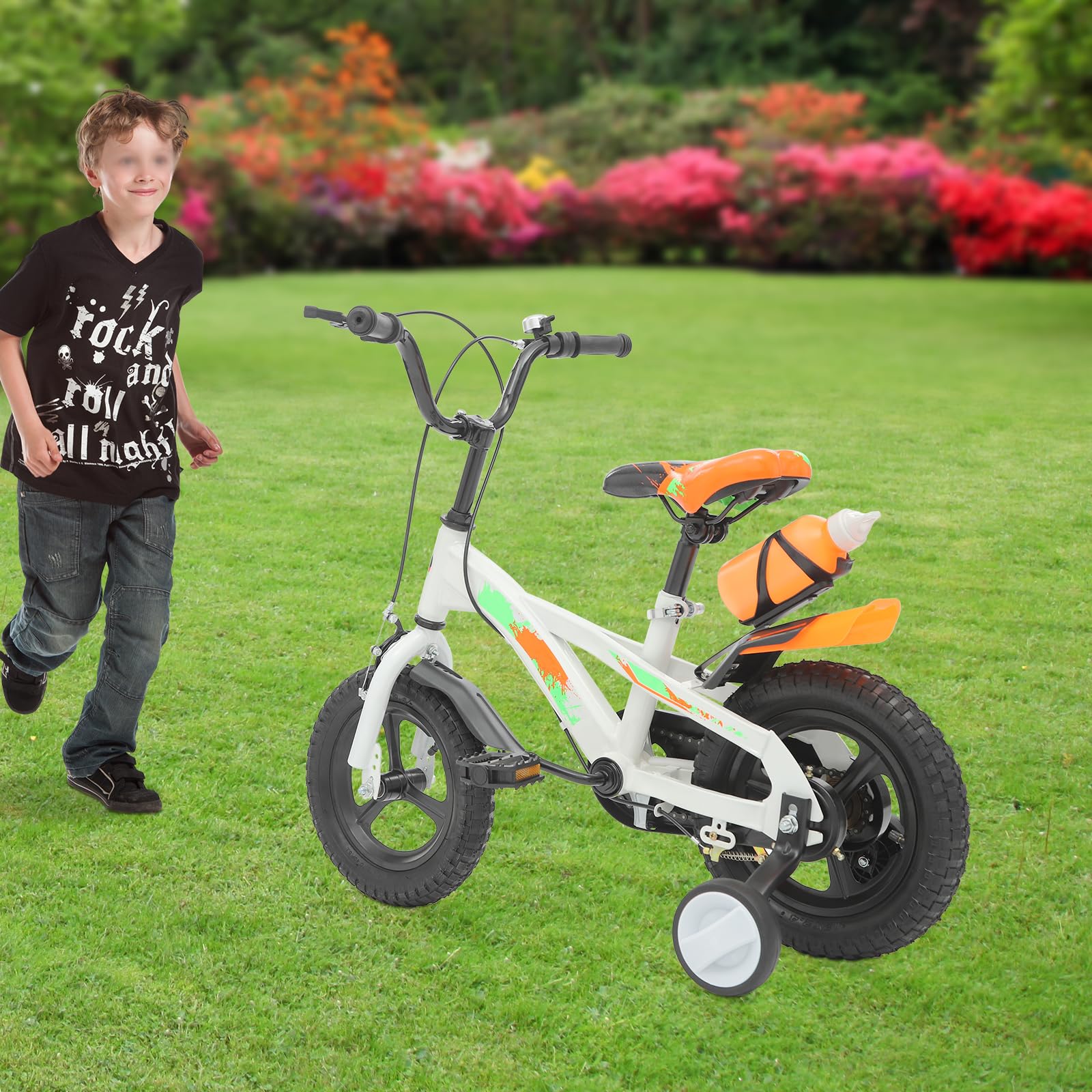 Bicicletta per bambini da 12 pollici, con ruote di supporto e bottiglia d'acqua, regolabile in altezza, bicicletta da allenamento con campanello, per bambini da 2 a 5 anni