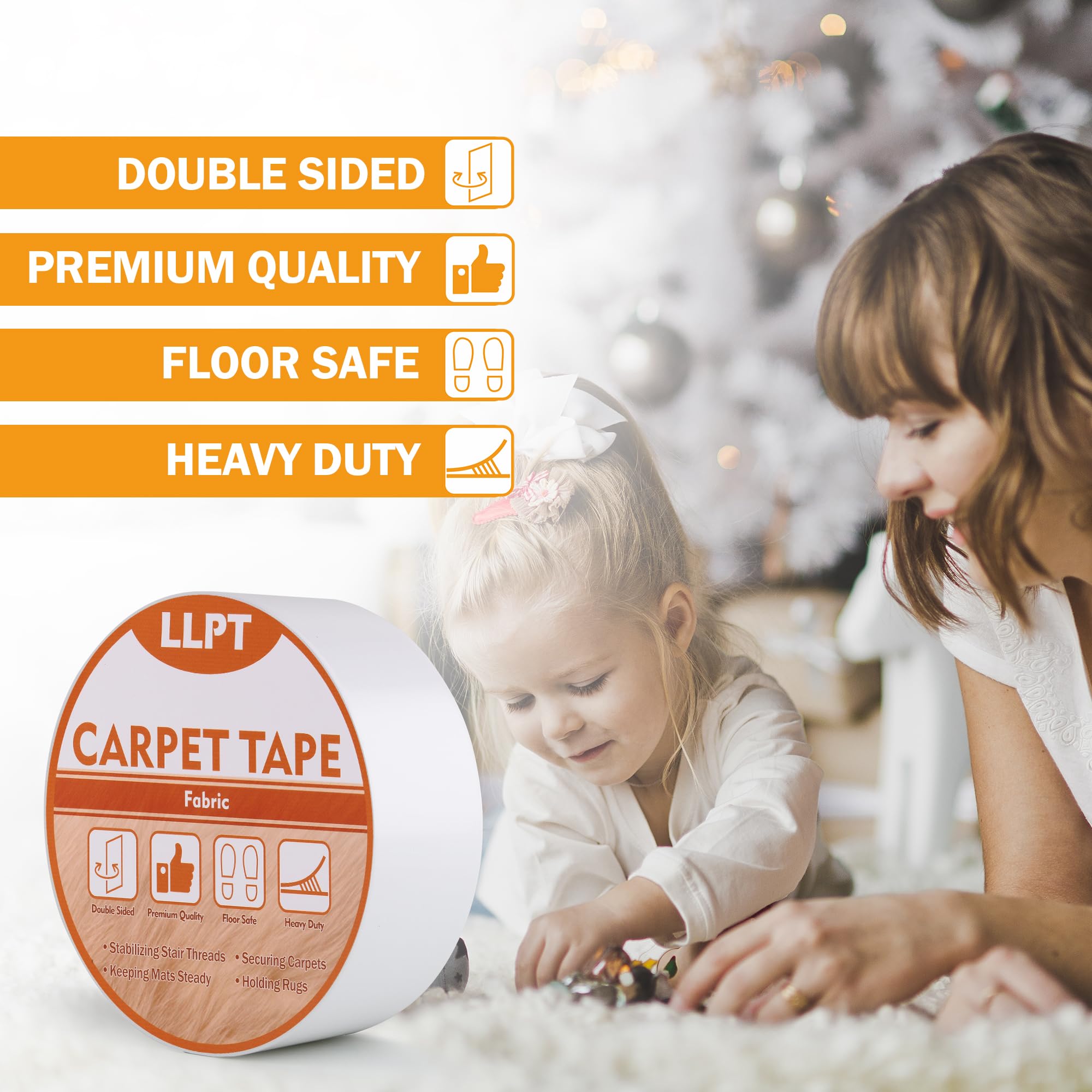 LLPT Cinta de Doble Cara para Alfombras 50mm x 27m | Cinta Adhesiva Fuerte para Alfombras Duradera Extraíble Fácil de Usar Sin Residuos para Suelos de Madera Laminada