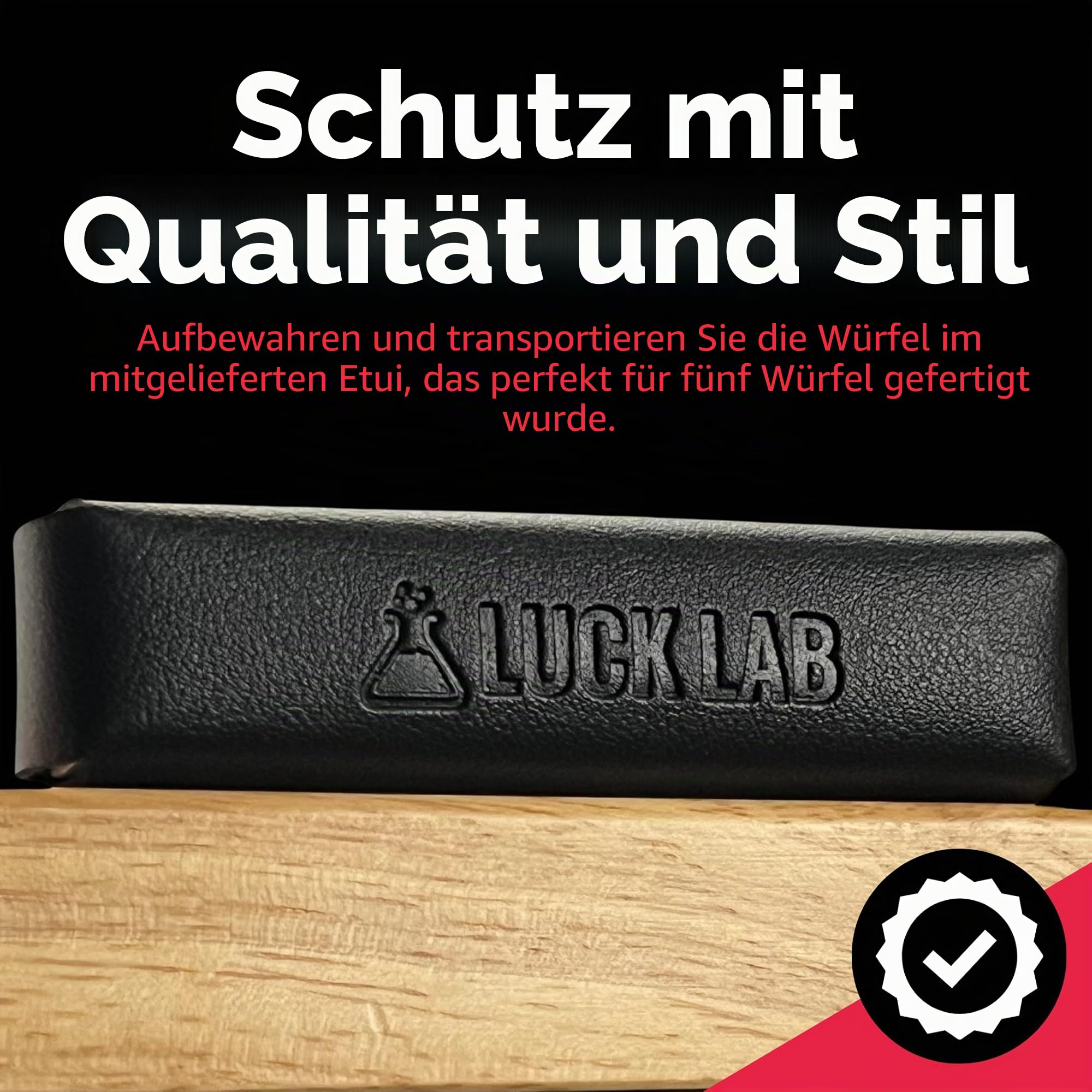 Luck Lab Casino-Würfel der Güteklasse AAA, 19 mm, mit Rasierkanten und passenden Seriennummern, Set mit 5 Stück und Lederwürfeletui, Rot