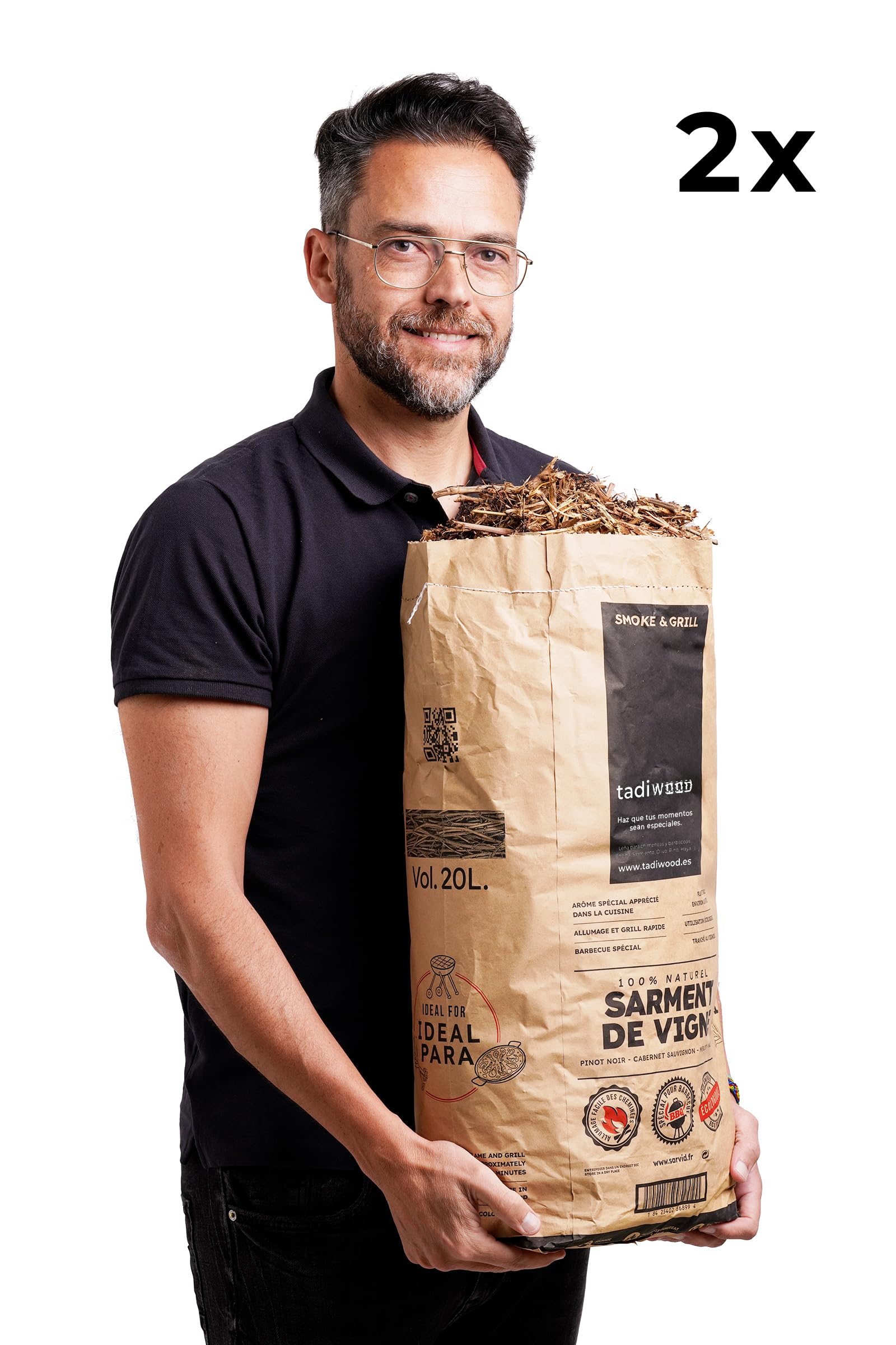 2x20L Sarmiento de Vid Trozeado. Ideal Barbacoas, Arroces, Paellas, Calçots o Chuletitas de Cordero. Hecho en España. Leña de Endendido Rápido. 100% Natural sin aditivos