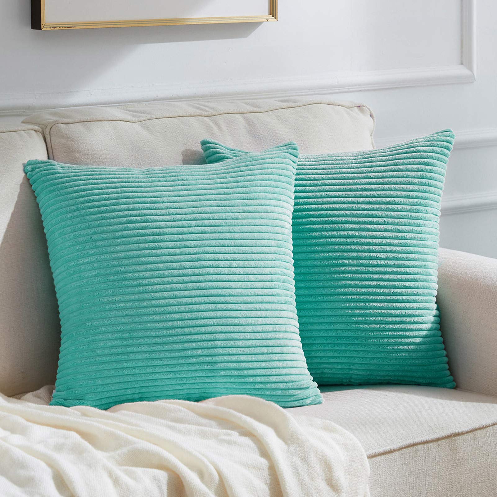 Topfinel Square Decorative Striped Corduroy Throw Pillow Covers Super Soft Cushion Covers for Couch Chair, Set of 2, 20 x 20 inch 50 x 50 cm, Teal