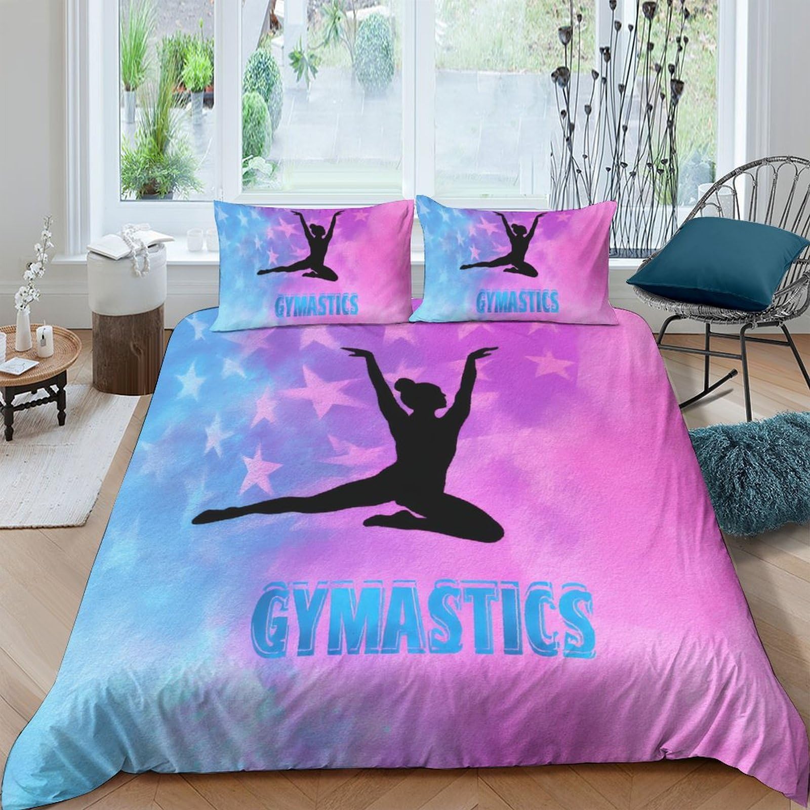 Ctjqhvkz Style-6 3D Printed Gymnast Silhouette Fitted Sheet Microfiber Pink Blue Star Mattress Cover Bedroom Decor Anti-Slip Machine Washable Single（135X200cm）