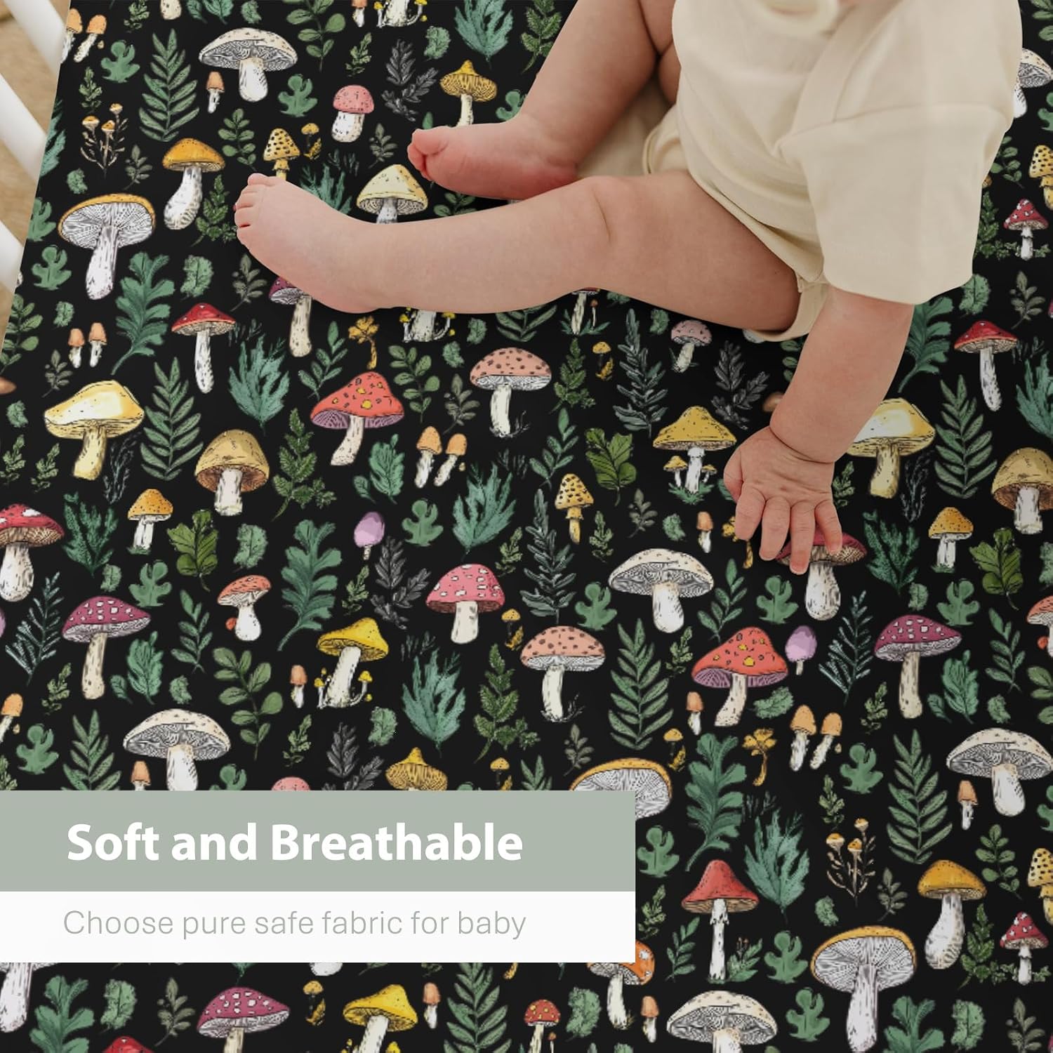 Colorful Mushrooms Green Leaves Baby Crib Sheets for Boy Girl 28"x52" Fall Mushroom Soft Stretchy Fitted Crib Mattress Cover Autumn Baby Sheet for Standard Crib & Toddler Mattress Pad