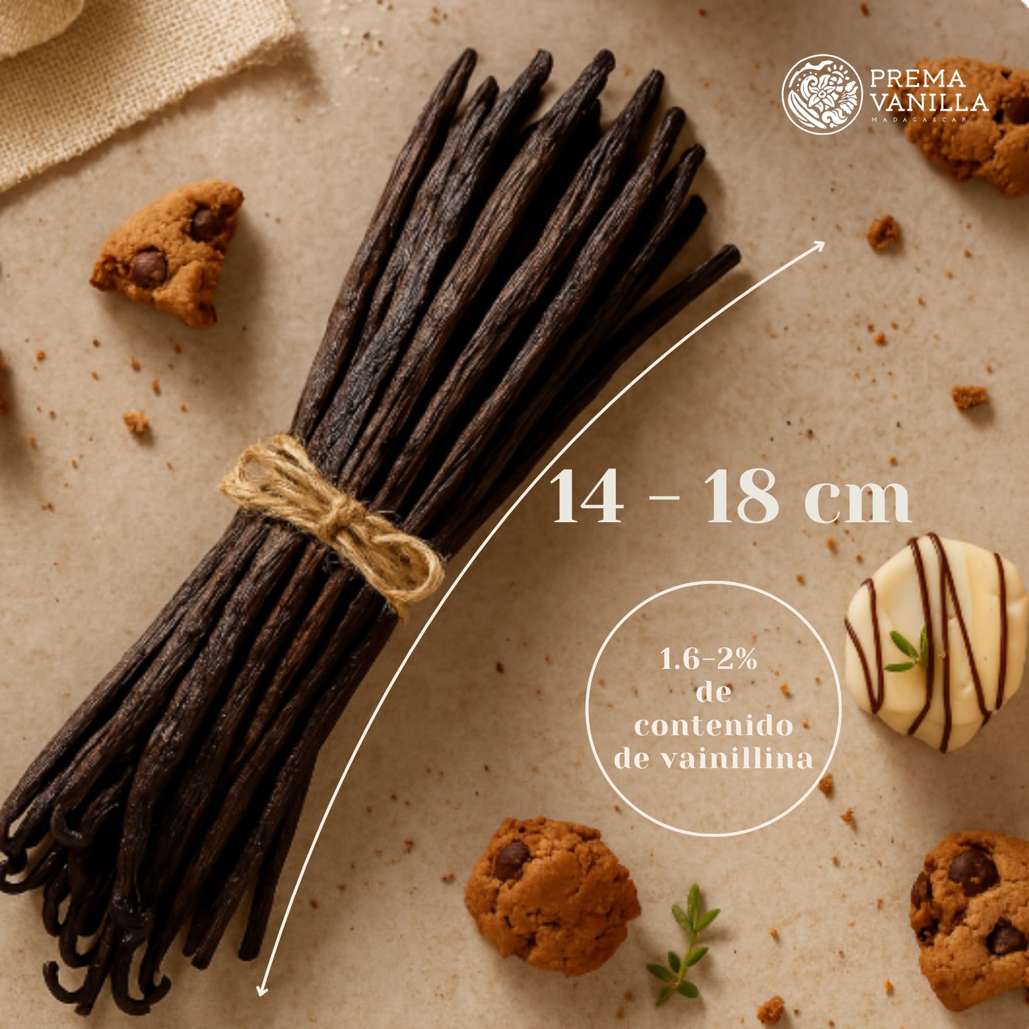 PREMA VANILLA Vainas de Vainilla de Madagascar, Vainas Bourbon de Grado A para la Elaboración de Extracto de Vainilla, Ideales para Cocinar y Hornear, 1 Paquete de 6 Vainas