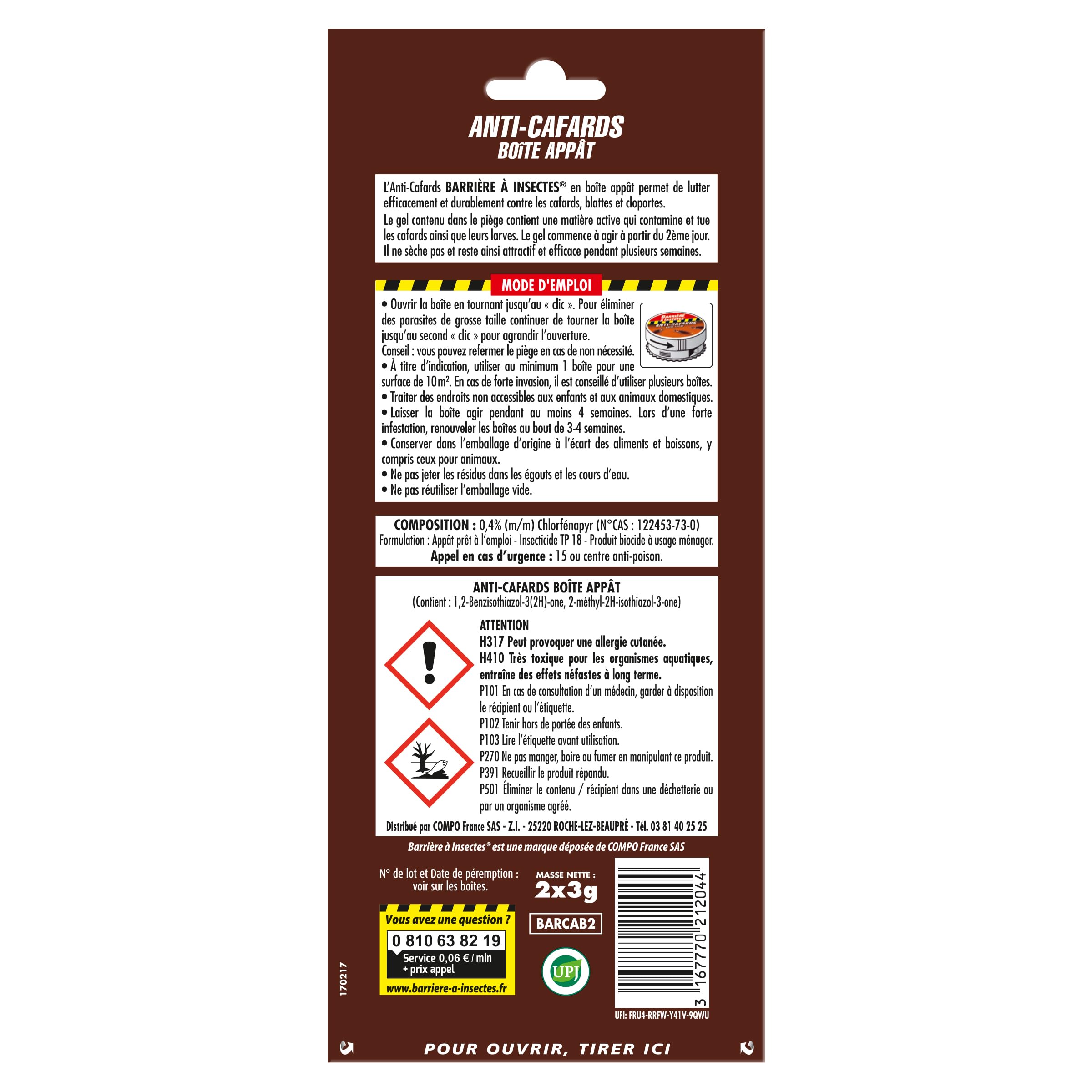 BARRIERE A INSECTES Boite Appât Anti-Cafards Cloportes, 2 x 3 g, Action 4 semaines