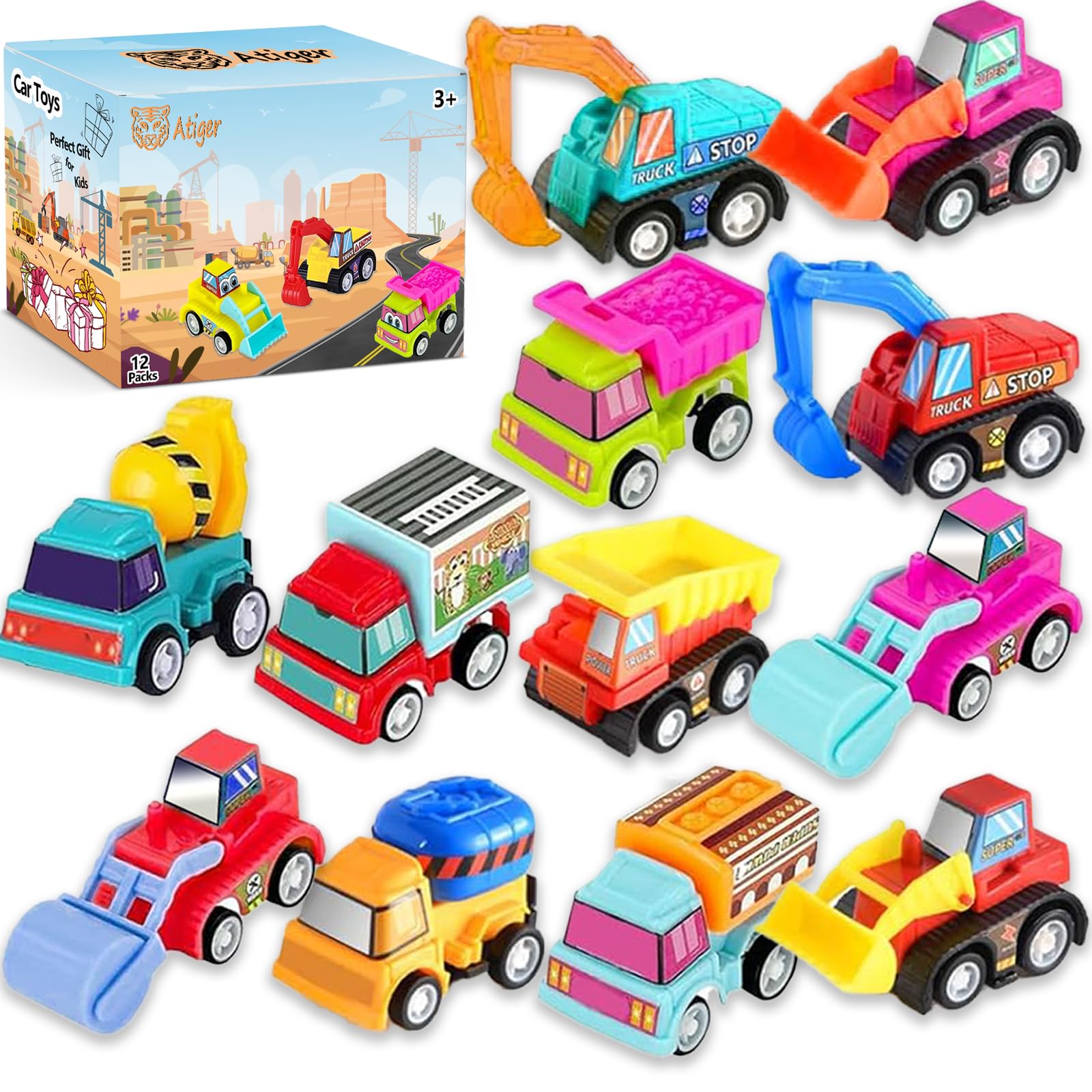 Car Toys for Ages 3-5 Toddler, 12pcs Pull Back Cars Truck Vehicles Set for Boys Girls, Mini Assorted Construction Vehicle Toy Party Favors, Potty Training Reward for Kids