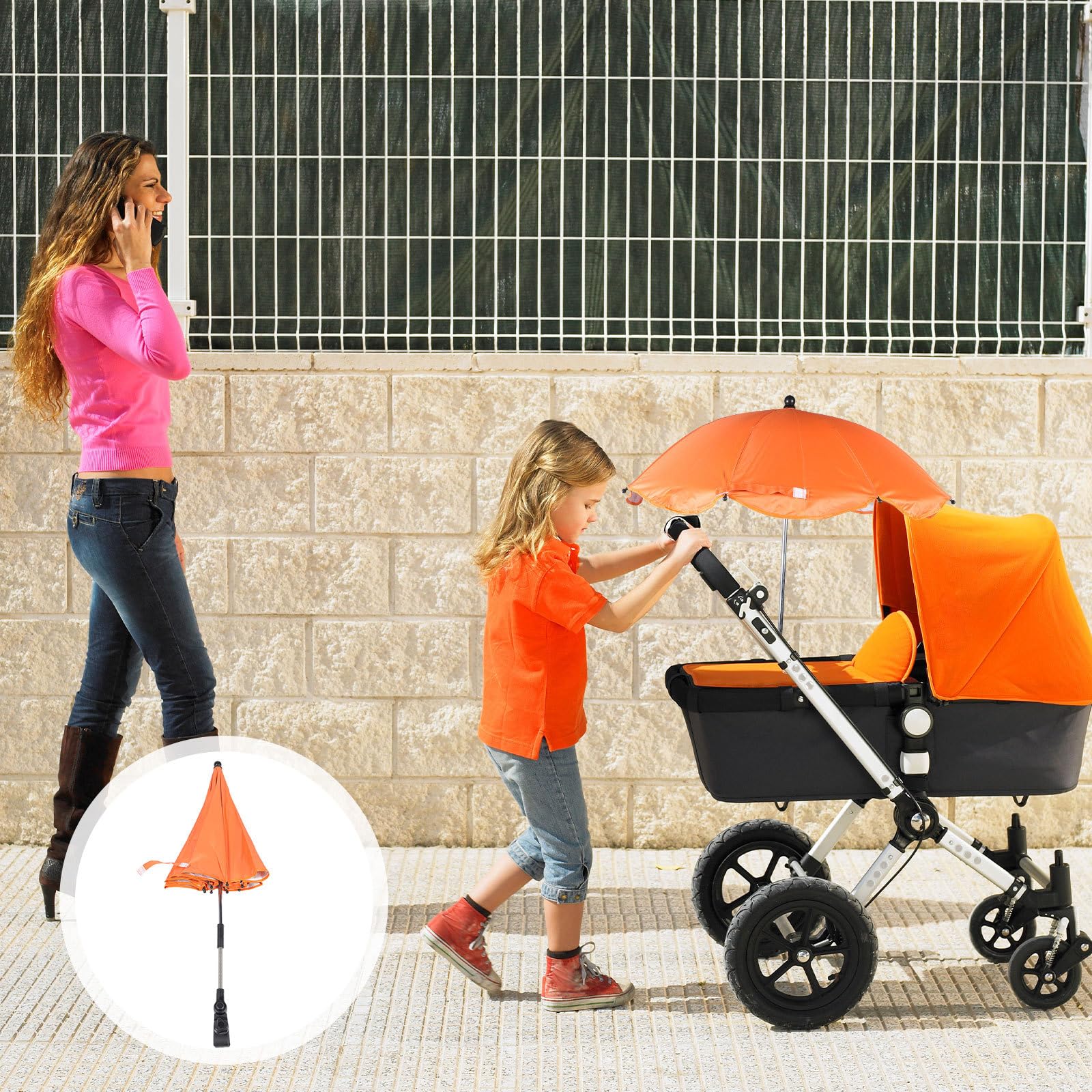 Parapluie Poussette Bébé Pince Réglable, Parasol Protection UV Upf 50 Argenté, Ombrelle Orange pour Poussette, Chaise Roulante et Vélo, Pare-soleil Amovible pour Extérieur