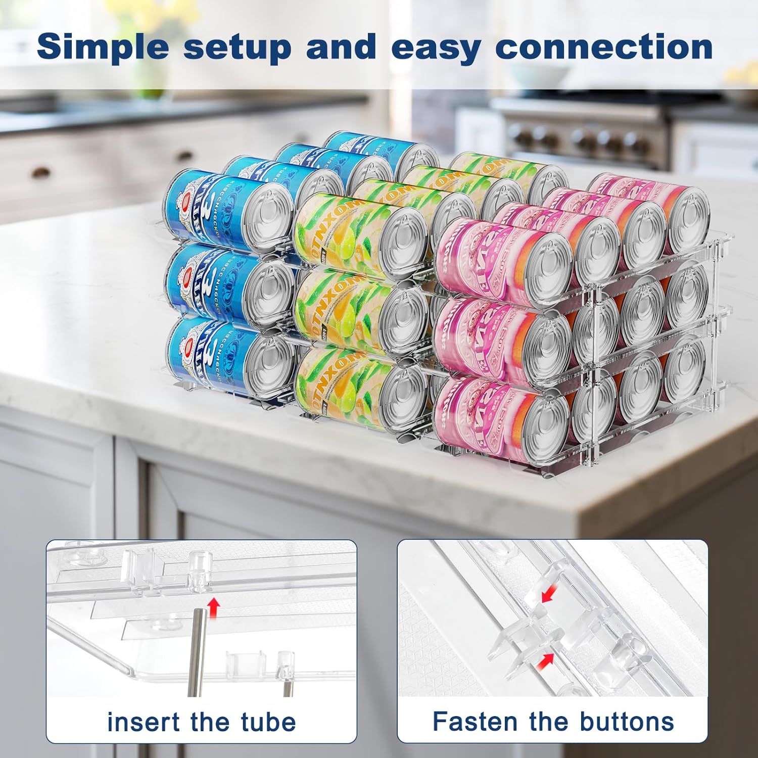 Can Organizer For Pantry,3 Sets 3 Tiers Pantry Organizers And Storage, Pantry Organizer for Fridge 36 Standard and Tall Cans Rack Automatic Rolling Stackable Canned Food Organizer, Clear - Image 4
