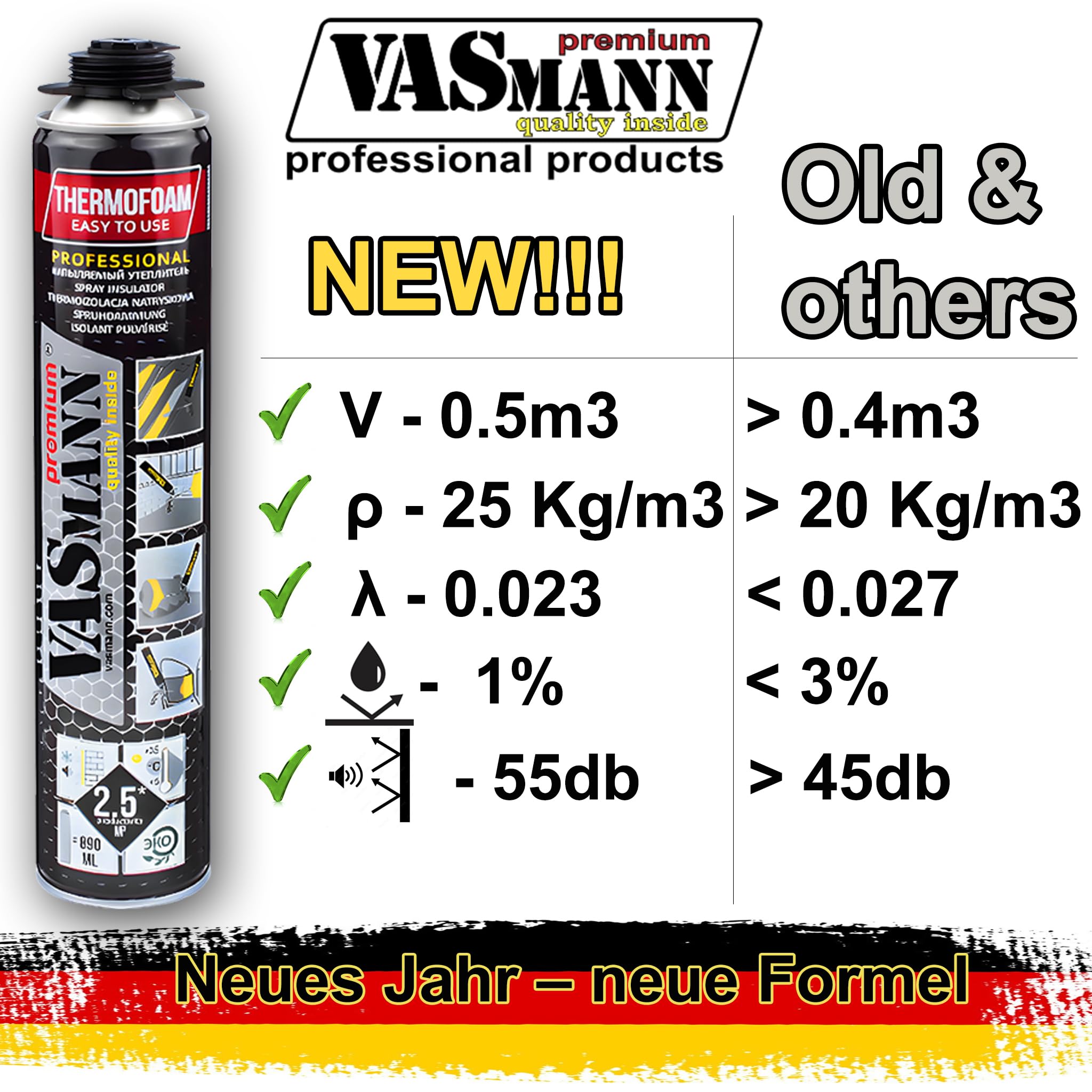 24x890ml PU-Sprühdämmung & Sprühisolierung – Effektive Wärmedämmung für Dach, Kellerdecke & Wände | Vielseitige Alternative zu EPS / XPS Dämmplatten (60m2+Pistole, 24)