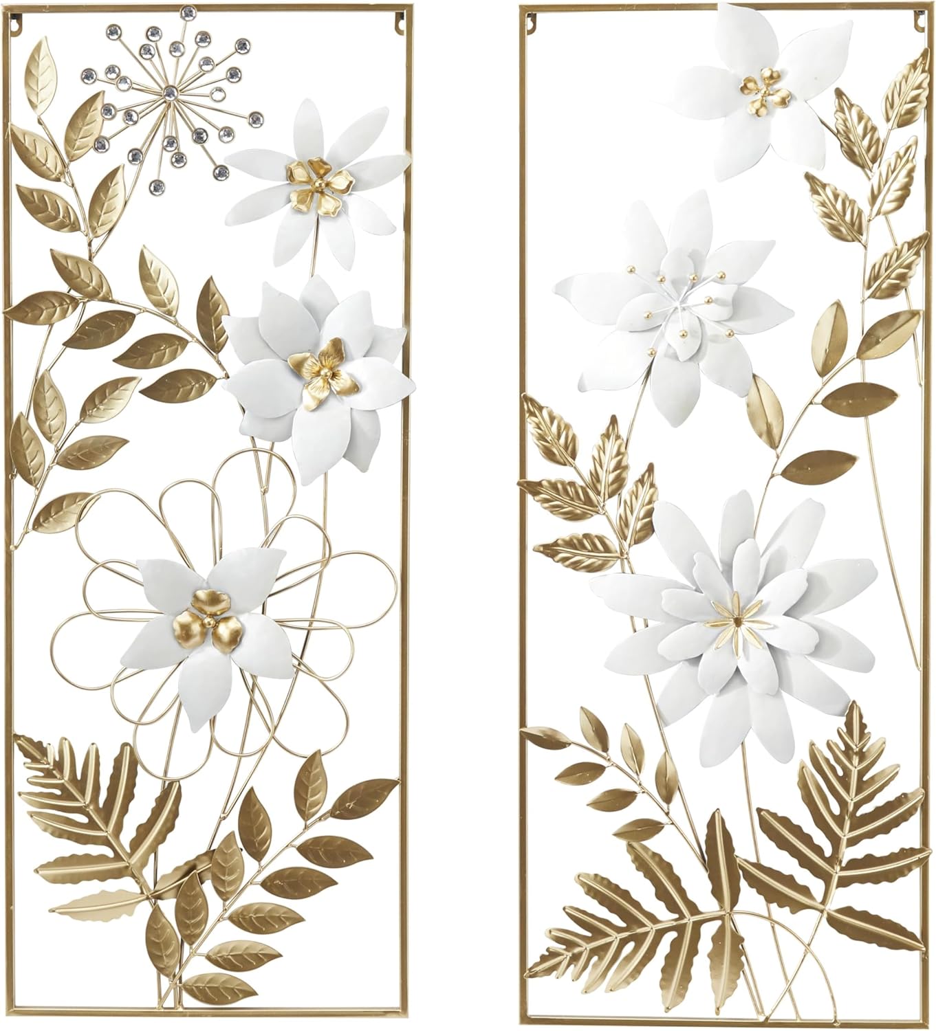 Deco 79 Metal Floral Home Wall Decor Wall Sculpture with Gold Frame, Set of 2 Wall Art 14" W, 35" H, Gold