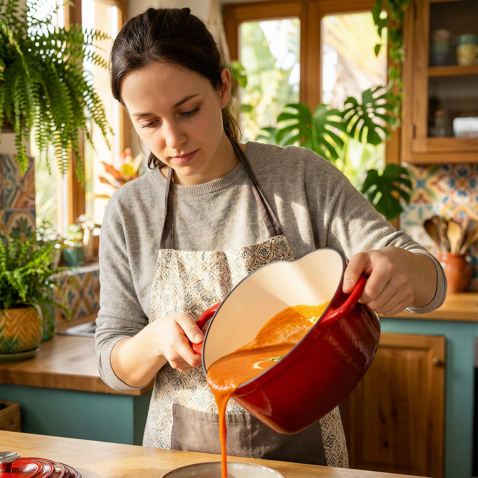 Overmont Pentola in Ghisa Smaltata a Forma di Cuore - 1.89L Casseruola con Coperchio e Libro di Ricette - Per Cucina, Forno, Stufare e Arrostire - Regalo Matrimonio e Festività - Rosso