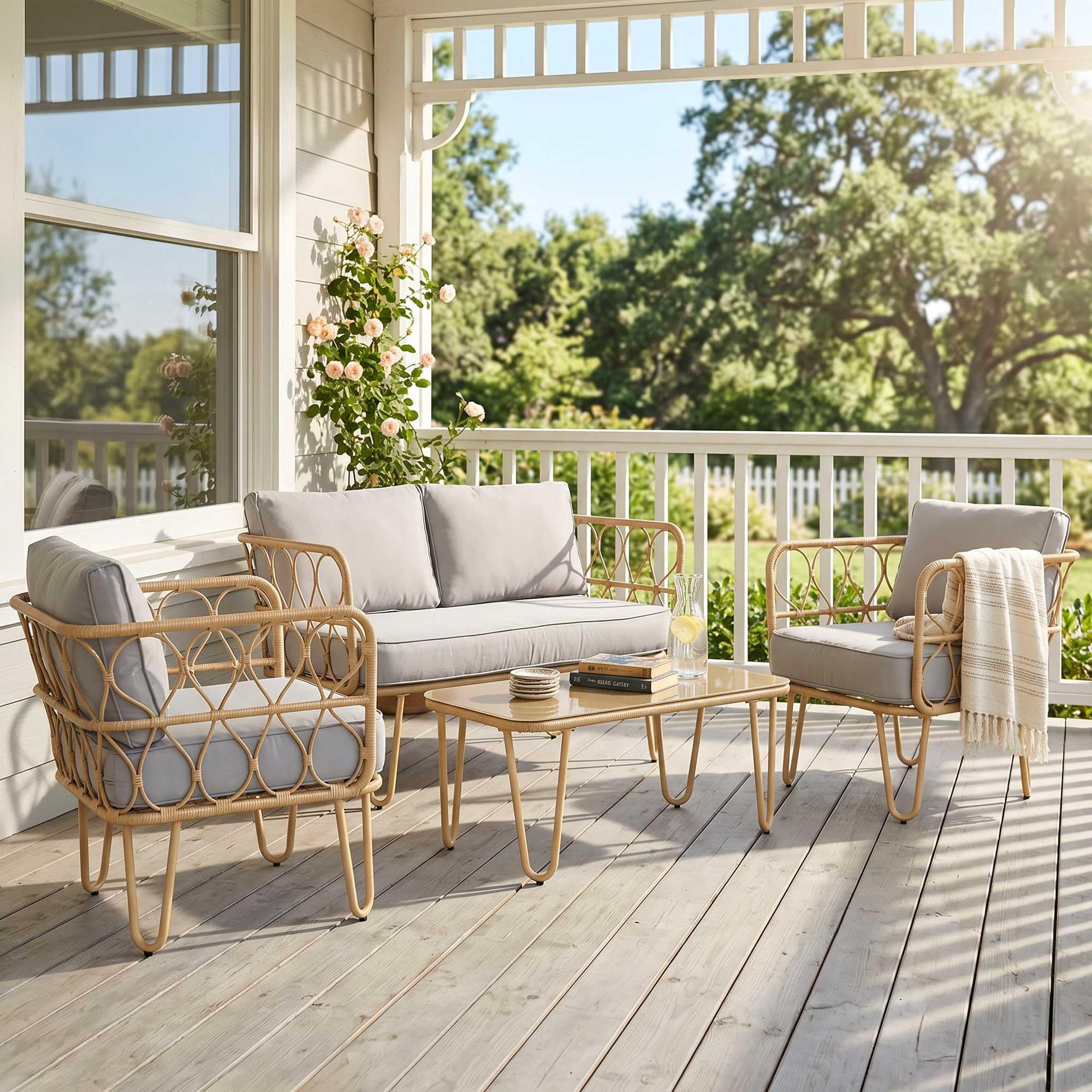 Outsunny Salotto da Giardino Rattan 4 Pezzi con Divano 2 Posti, 2 Poltrone e Tavolino con Piano in Vetro Stile Boho, Cuscini Sfoderabili, Giallo
