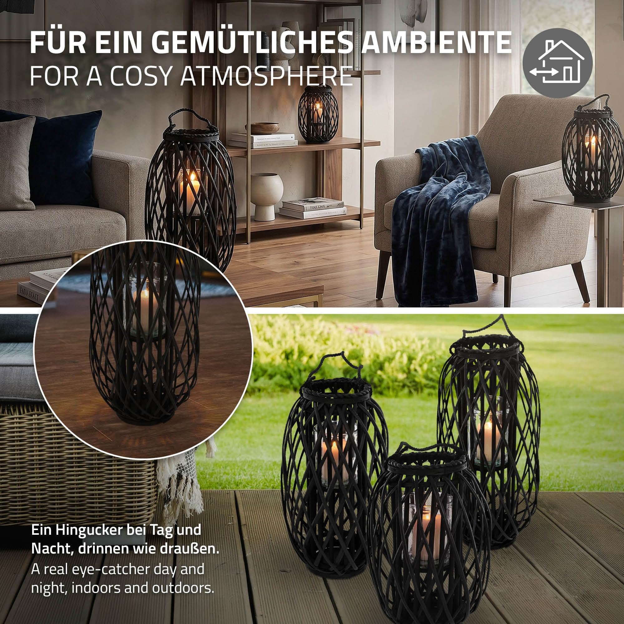 ECD Germany Linterna Estilo Ratán Portavelas 60 x Ø 27 cm Negro con Aspecto de Mimbre de Caña Natural Tejido Trenzado Robusto Luz de Vela Decorativa Farola para Mesa en Terraza Salón Jardín