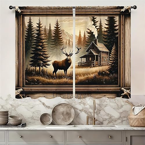 Miniatura 52 de Rusitc - Cortinas de cocina de algodón para granja, 27.5 pulgadas de ancho x 39 pulgadas de largo, 2 paneles con bolsillo para barra, estilo retro,