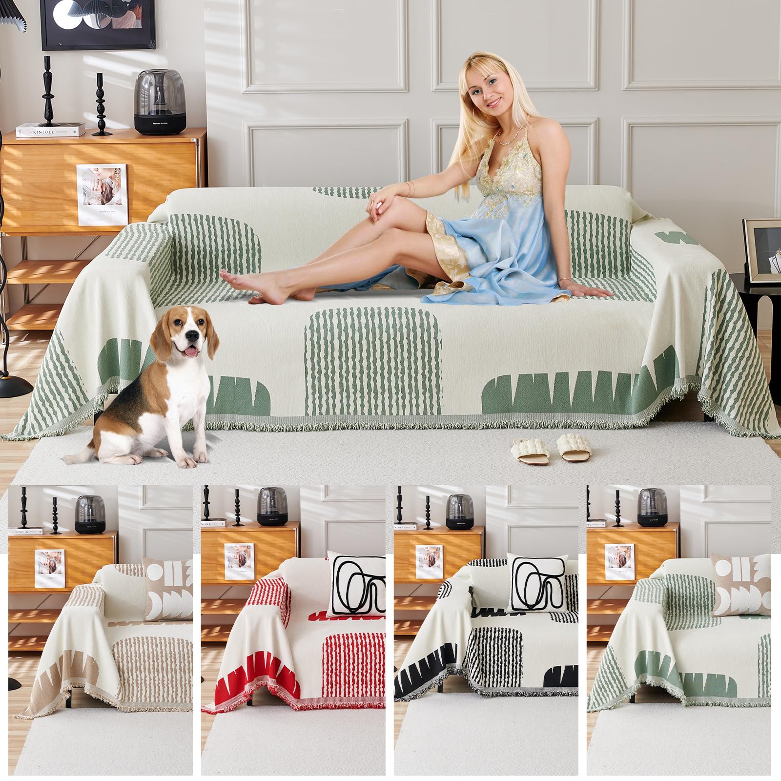 Copridivano, Copridivano Universale Quattro Stagioni, Copritutto per Divano Arredamento per La Casa, Coperta per divano in Ciniglia con Frangia Delicata 180 * 380cm-Verde